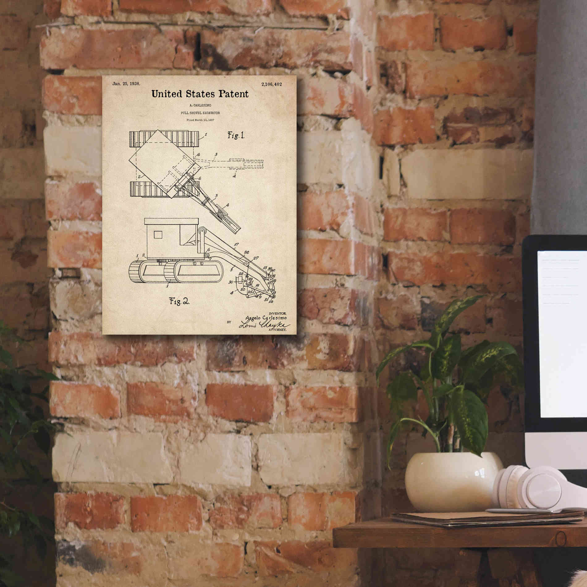 'Pull Shovel Excavator Blueprint Patent Parchment,' Canvas Wall Art,12 x 16