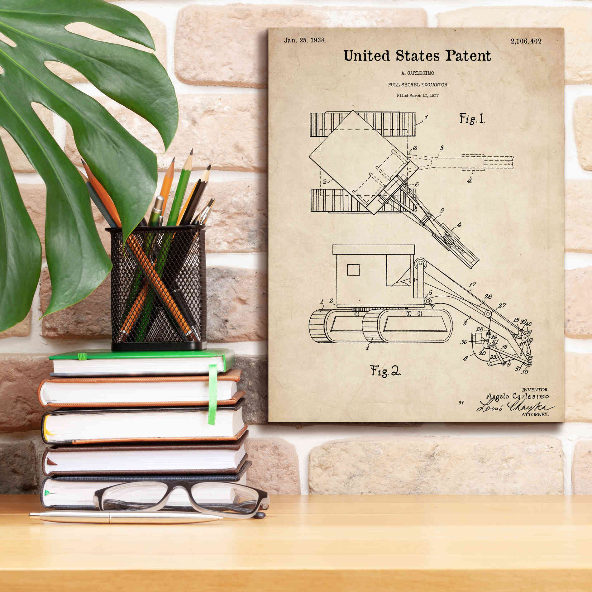'Pull Shovel Excavator Blueprint Patent Parchment,' Canvas Wall Art,12 x 16