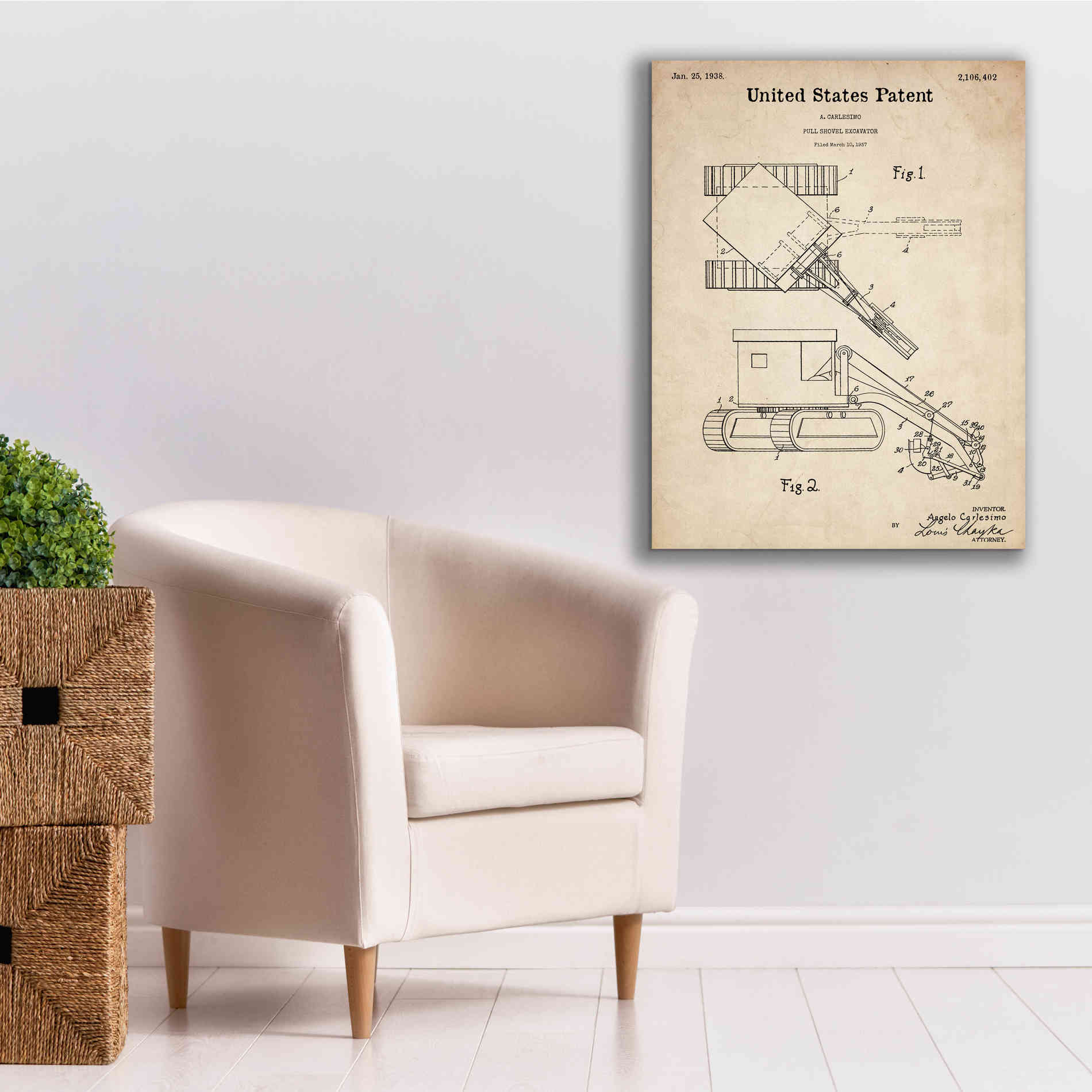 'Pull Shovel Excavator Blueprint Patent Parchment,' Canvas Wall Art,26 x 34