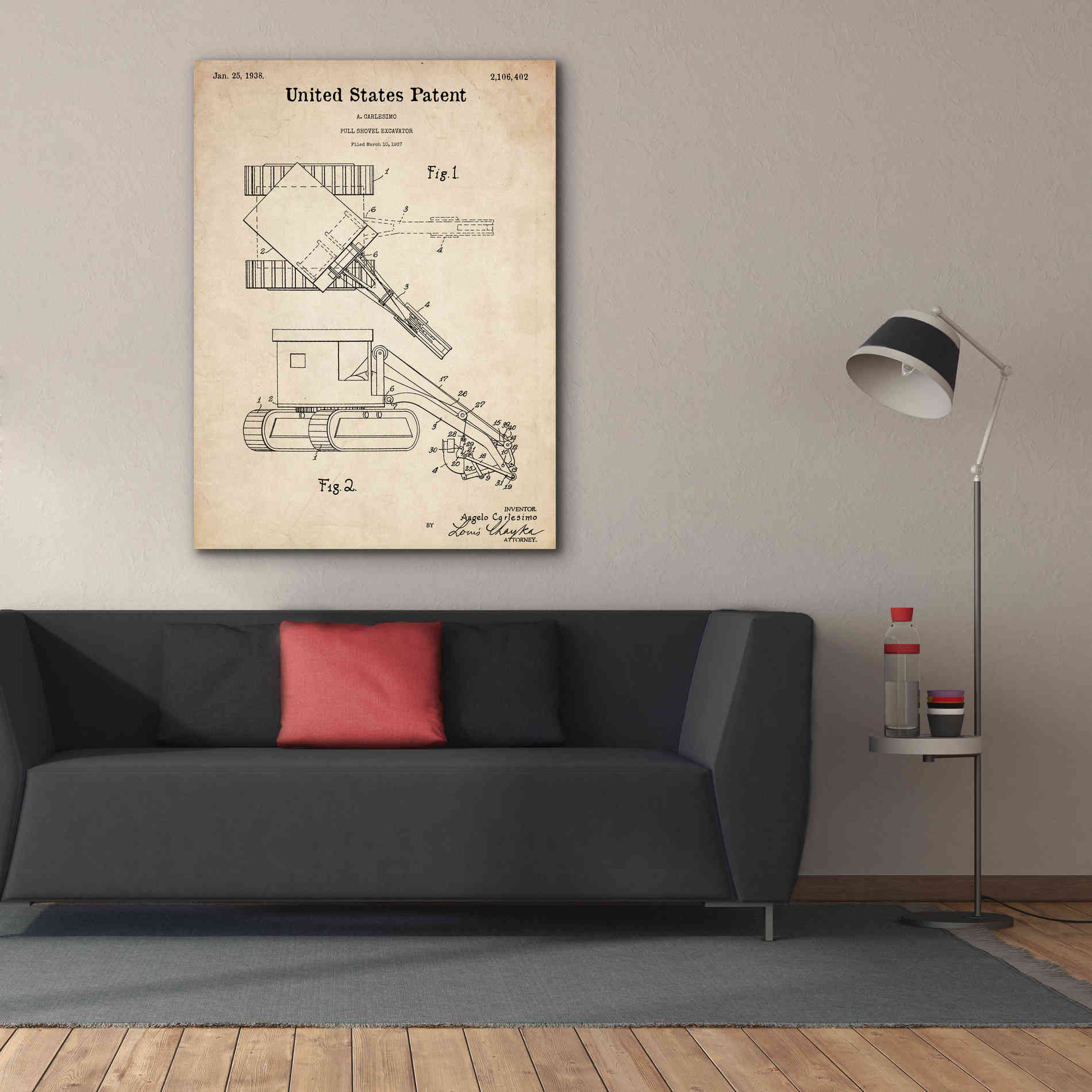 'Pull Shovel Excavator Blueprint Patent Parchment,' Canvas Wall Art,40 x 54