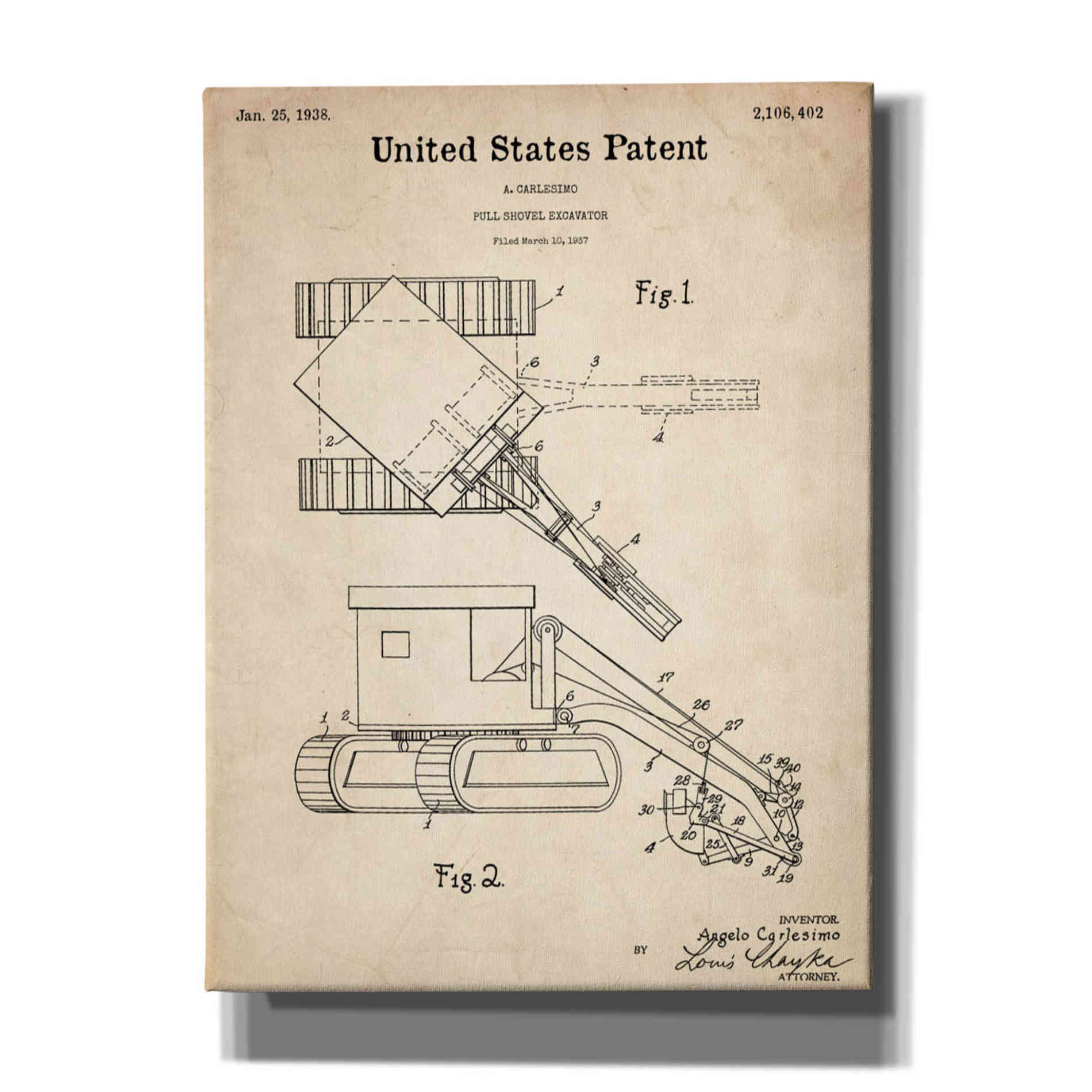 'Pull Shovel Excavator Blueprint Patent Parchment,' Canvas Wall Art,12x16x1.1x0,18x26x1.1x0,26x34x1.74x0,40x54x1.74x0