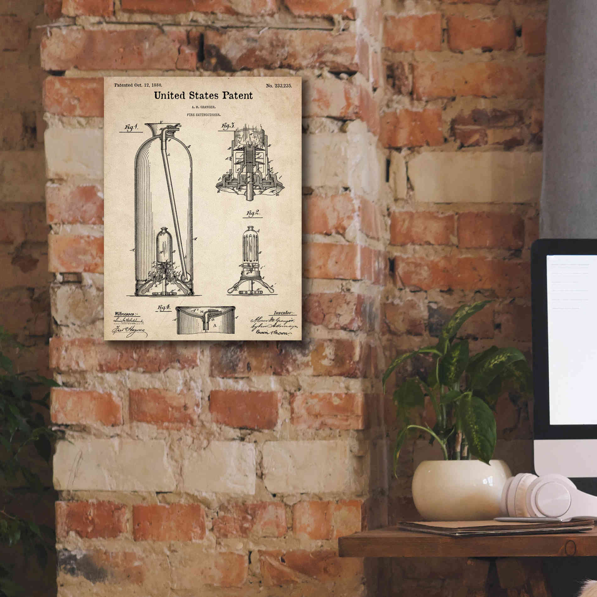 'Fire Extinguisher Blueprint Patent Parchment,' Canvas Wall Art,12 x 16