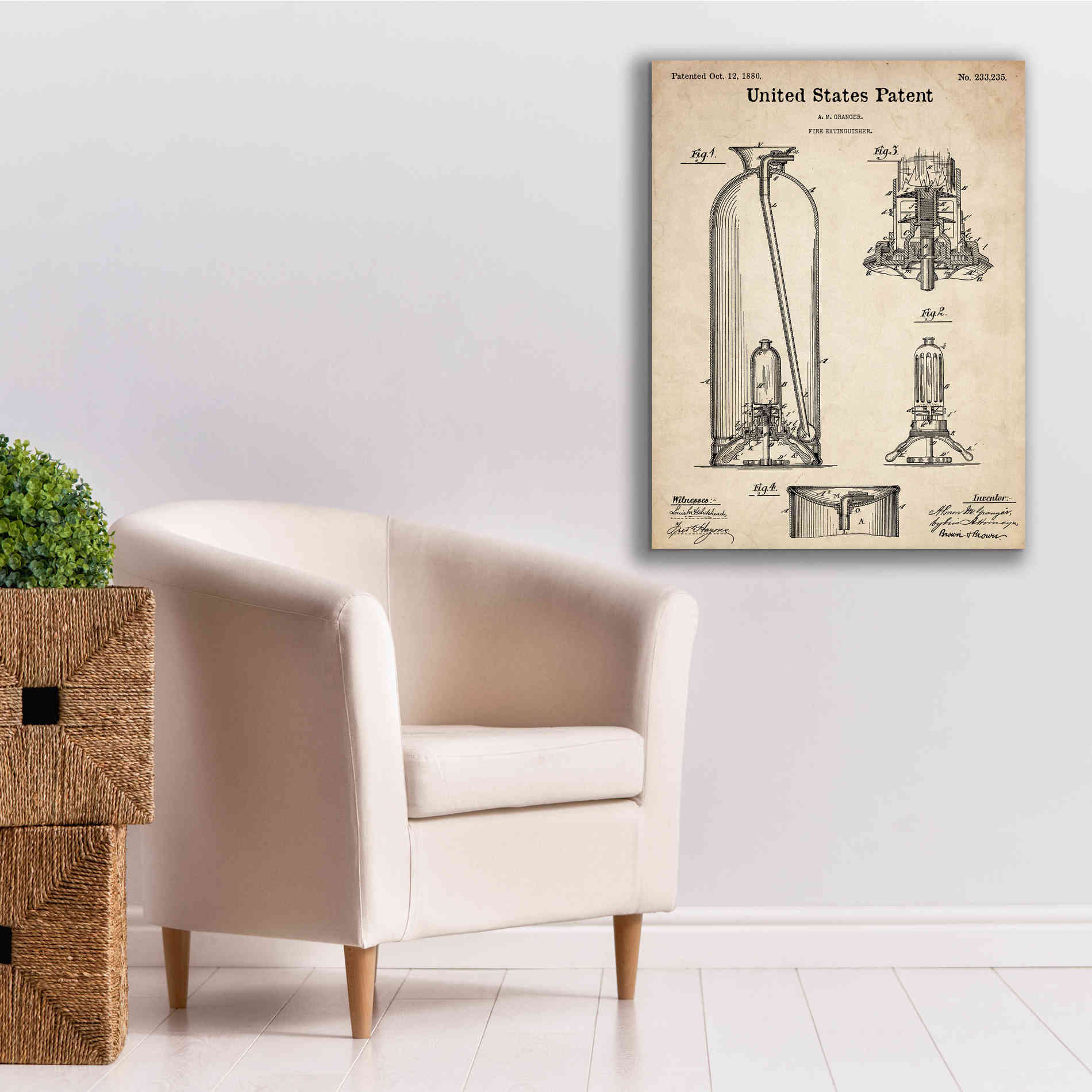 'Fire Extinguisher Blueprint Patent Parchment,' Canvas Wall Art,26 x 34
