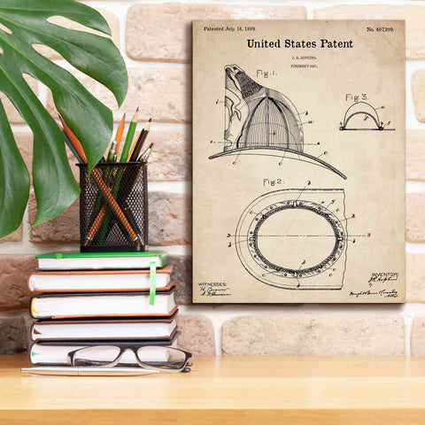 Image of 'Fireman's Hat Blueprint Patent Parchment,' Canvas Wall Art,12 x 16