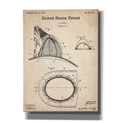 Image of 'Fireman's Hat Blueprint Patent Parchment,' Canvas Wall Art,12x16x1.1x0,18x26x1.1x0,26x34x1.74x0,40x54x1.74x0