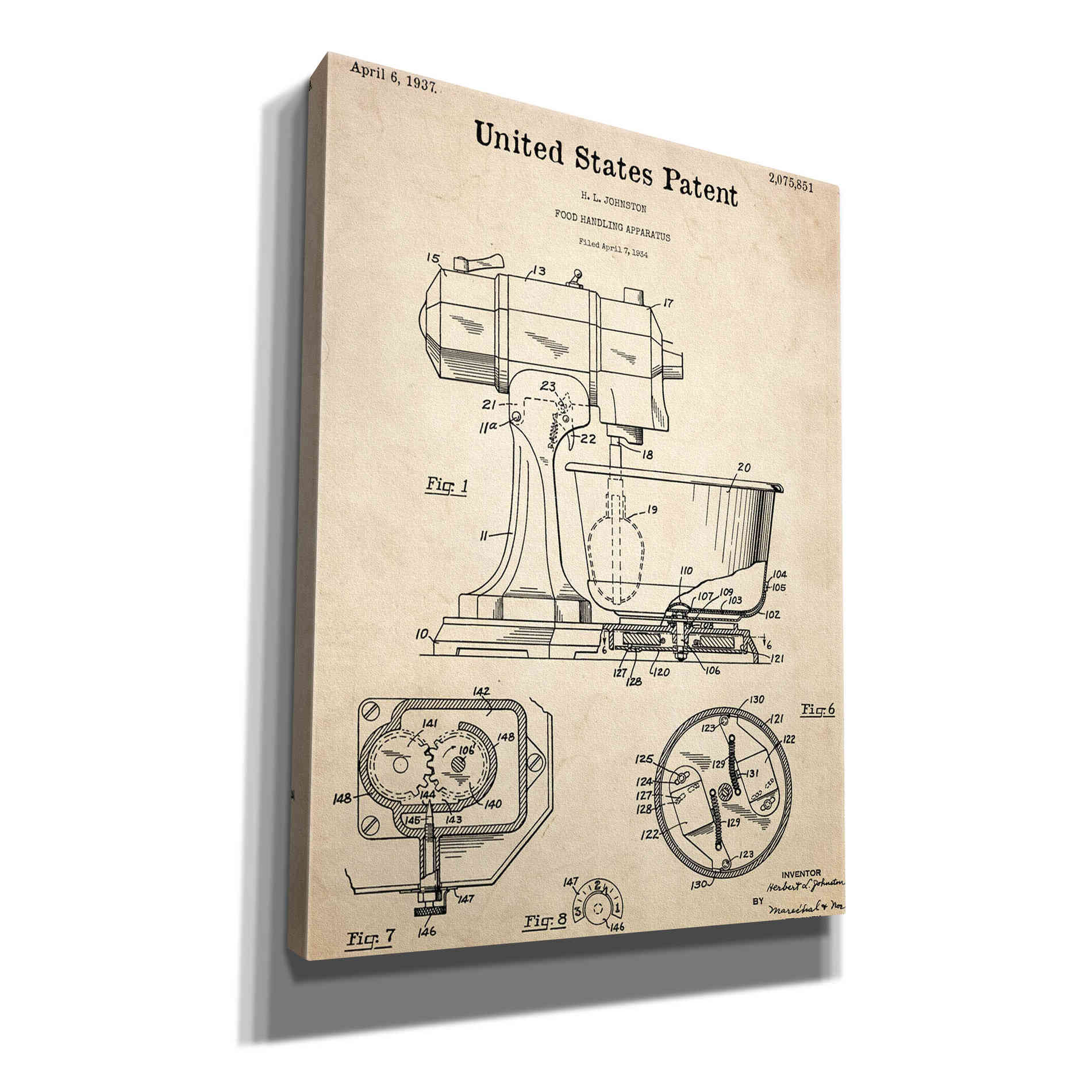 'Kitchen Mixer Blueprint Patent Parchment,' Canvas Wall Art,12x16x1.1x0,18x26x1.1x0,26x34x1.74x0,40x54x1.74x0