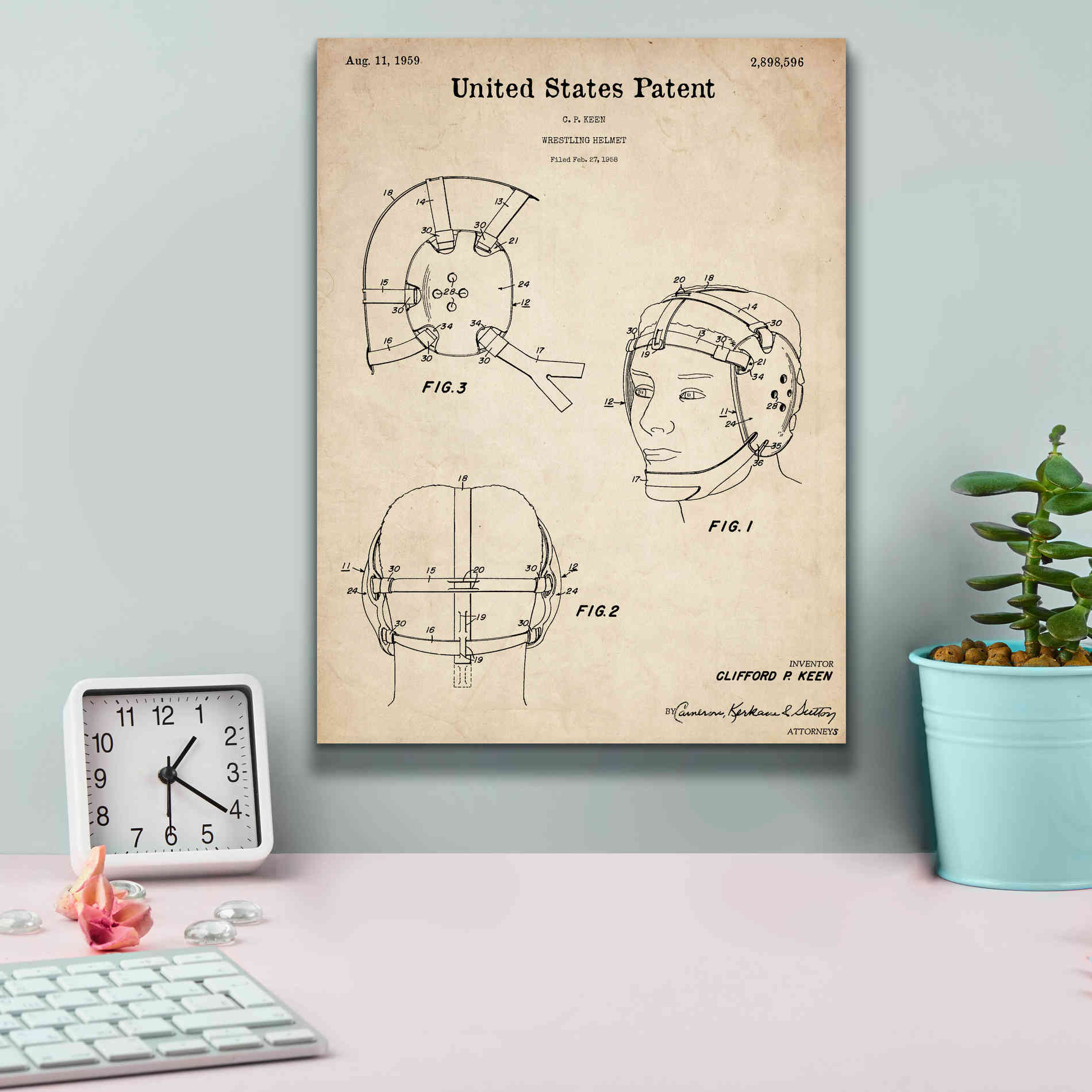 'Wrestling Headgear Blueprint Patent Parchment,' Canvas Wall Art,12 x 16