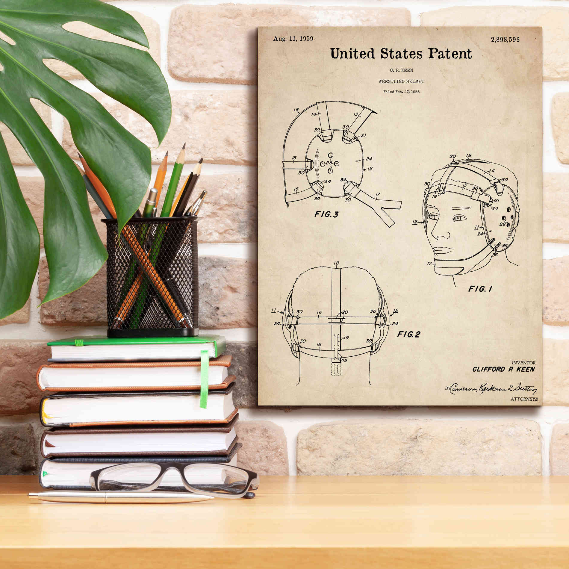'Wrestling Headgear Blueprint Patent Parchment,' Canvas Wall Art,12 x 16