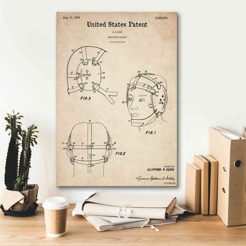 Image of 'Wrestling Headgear Blueprint Patent Parchment,' Canvas Wall Art,18 x 26