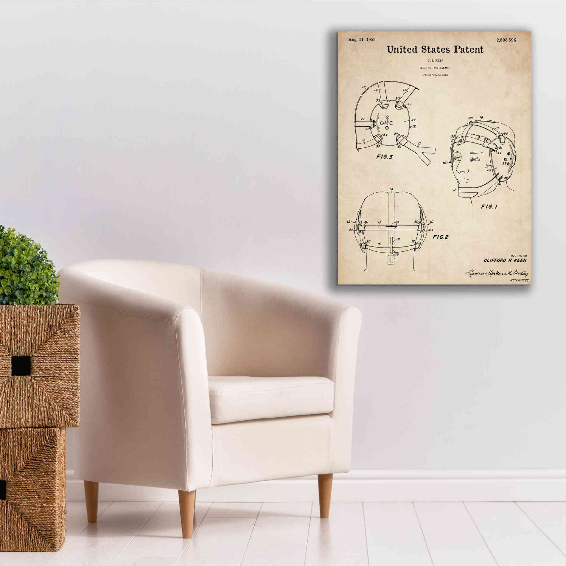 'Wrestling Headgear Blueprint Patent Parchment,' Canvas Wall Art,26 x 34
