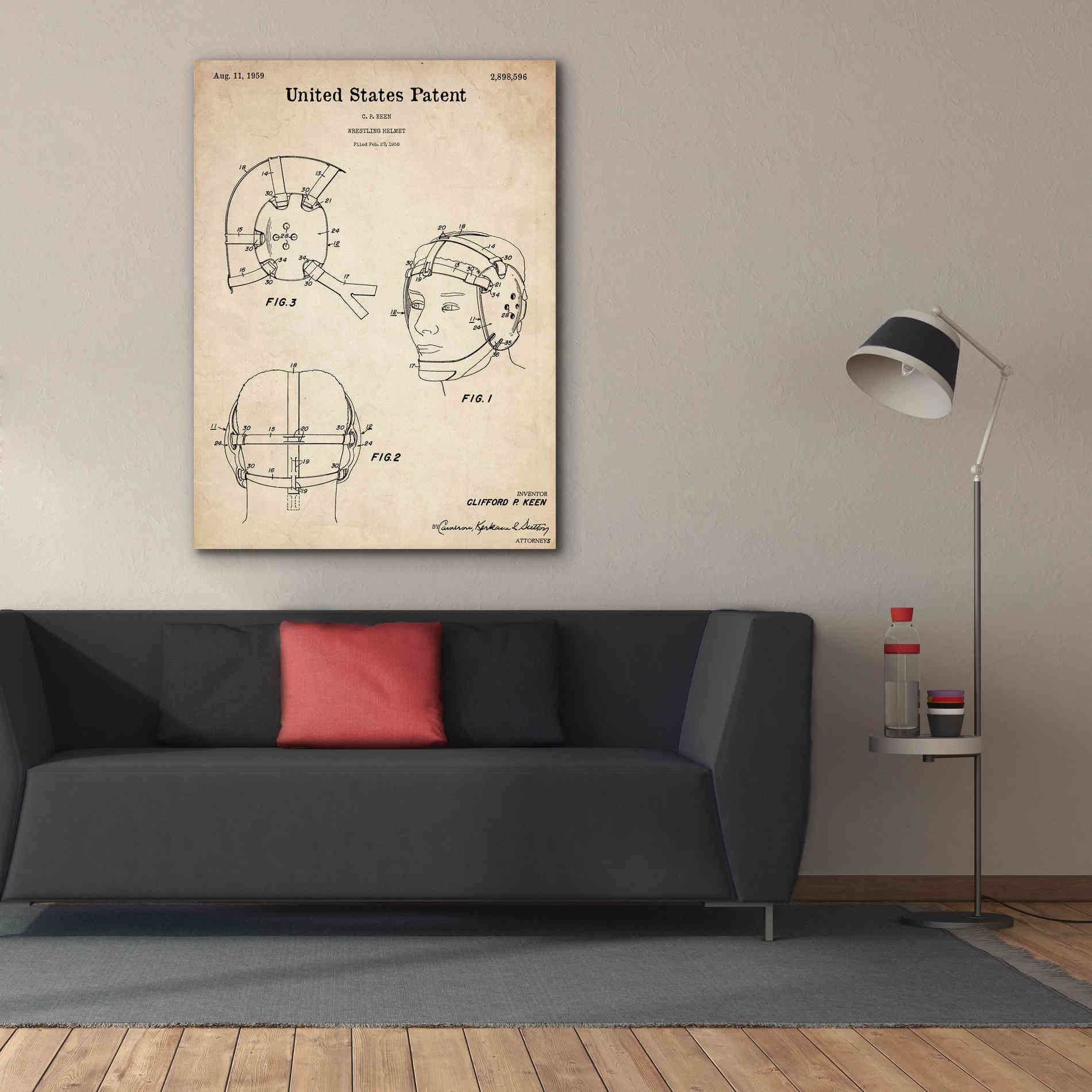 'Wrestling Headgear Blueprint Patent Parchment,' Canvas Wall Art,40 x 54