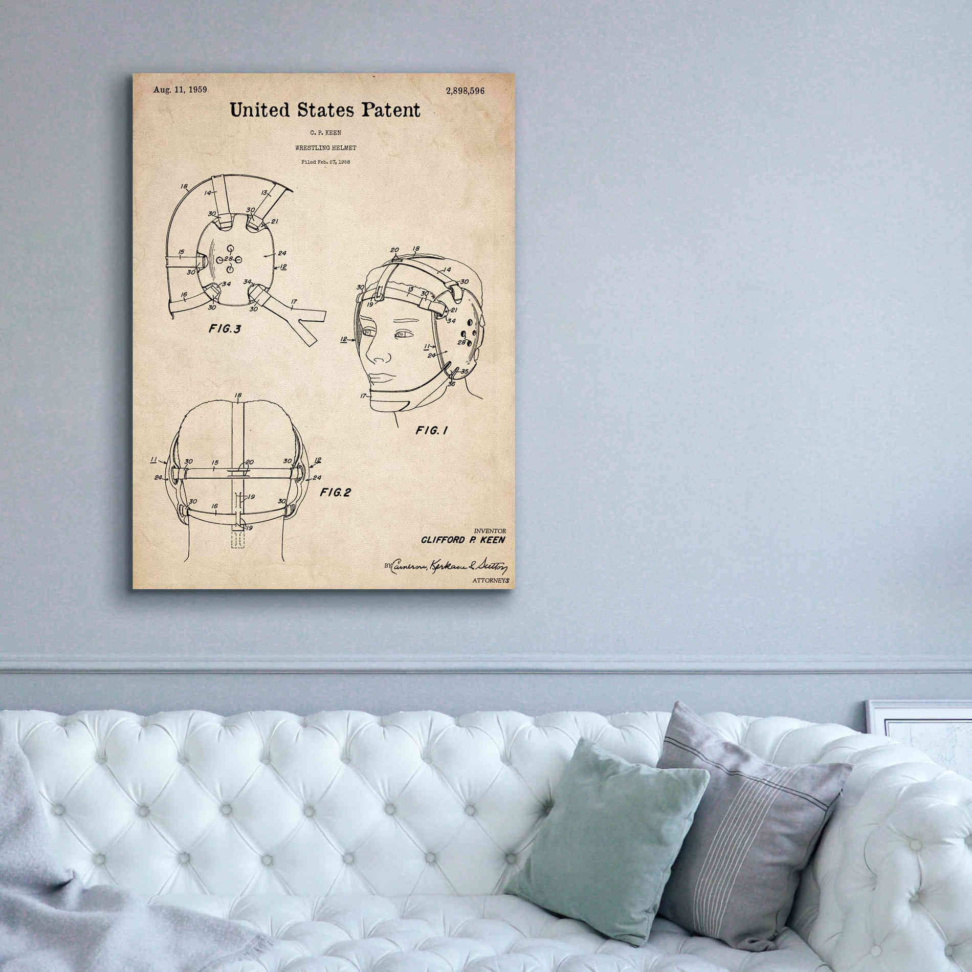 'Wrestling Headgear Blueprint Patent Parchment,' Canvas Wall Art,40 x 54