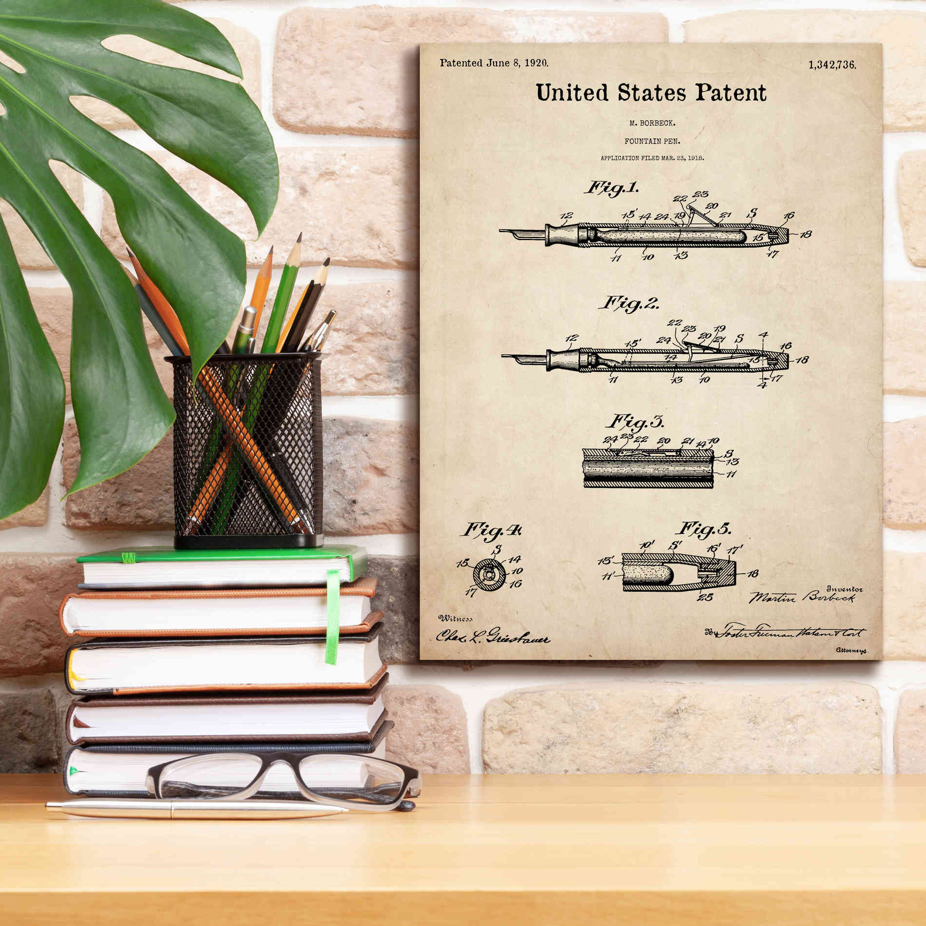 'Fountain Pen Blueprint Patent Parchment,' Canvas Wall Art,12 x 16