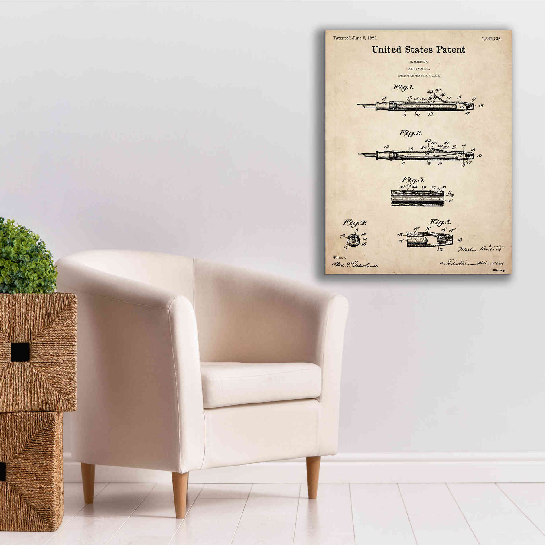 'Fountain Pen Blueprint Patent Parchment,' Canvas Wall Art,26 x 34