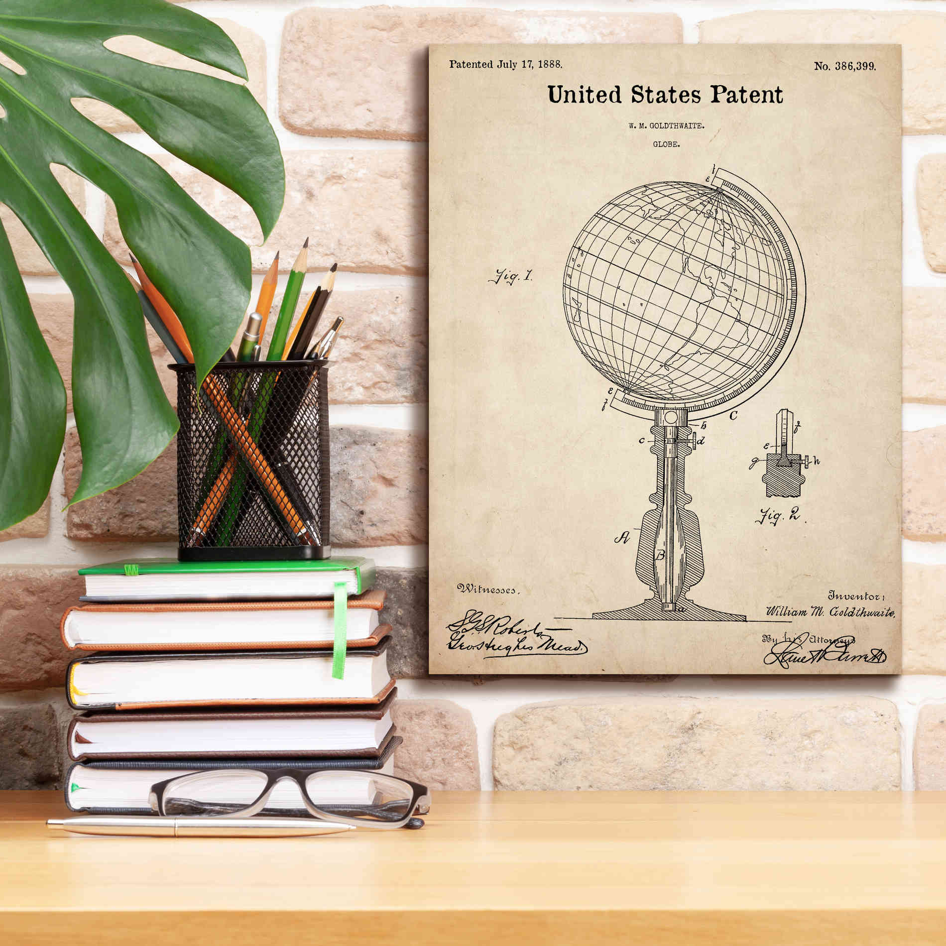 'globe Blueprint Patent Parchment,' Canvas Wall Art,12 x 16