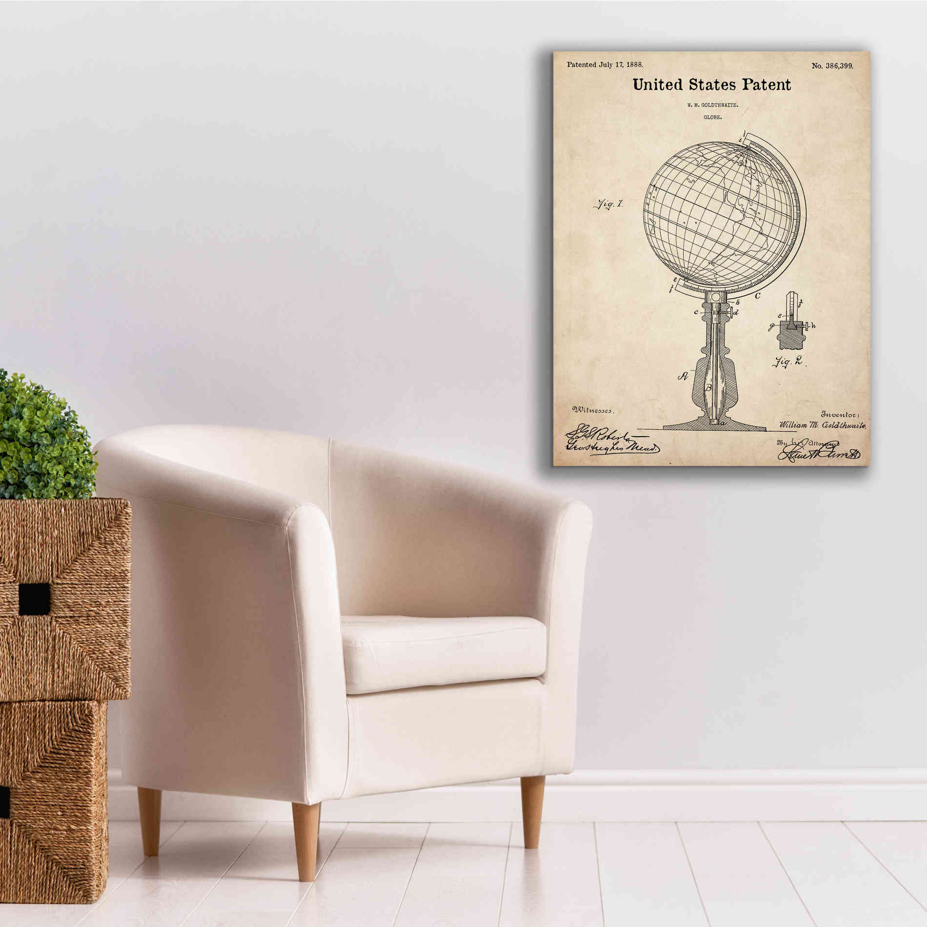 'globe Blueprint Patent Parchment,' Canvas Wall Art,26 x 34