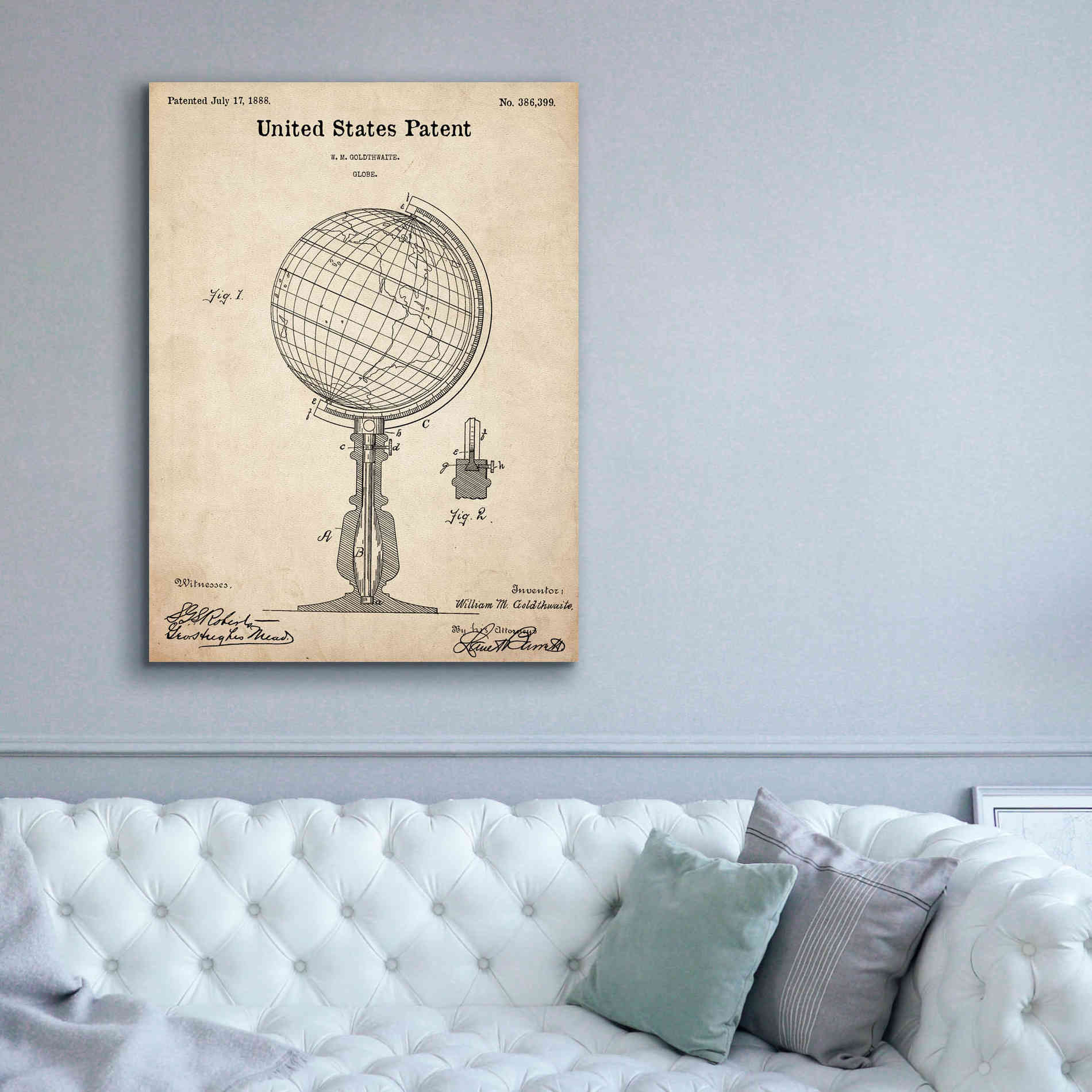 'globe Blueprint Patent Parchment,' Canvas Wall Art,40 x 54