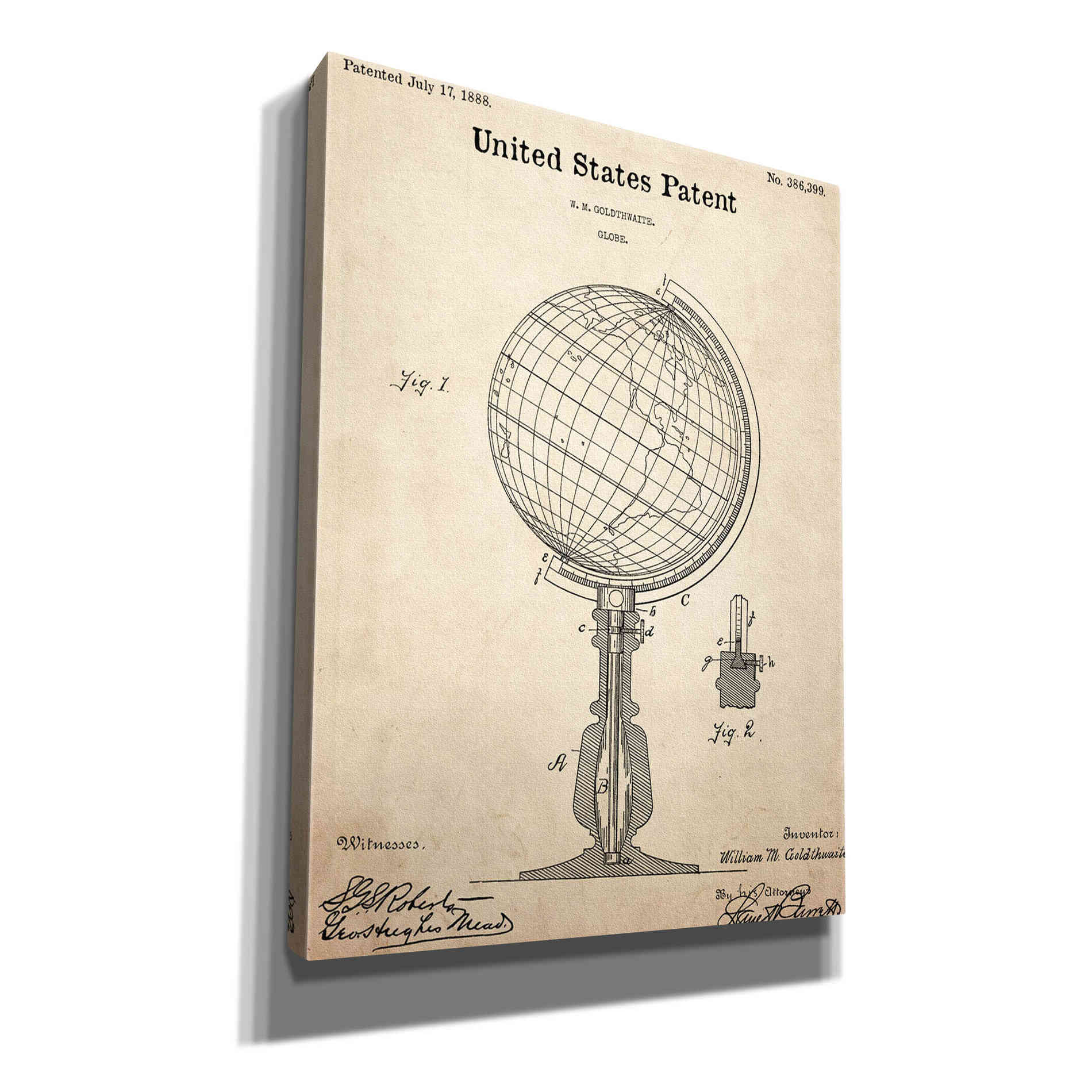 'globe Blueprint Patent Parchment,' Canvas Wall Art,12x16x1.1x0,18x26x1.1x0,26x34x1.74x0,40x54x1.74x0