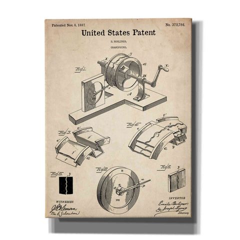 Image of 'Gramophone, 1887 Blueprint Patent Parchment,' Canvas Wall Art,12x16x1.1x0,18x26x1.1x0,26x34x1.74x0,40x54x1.74x0