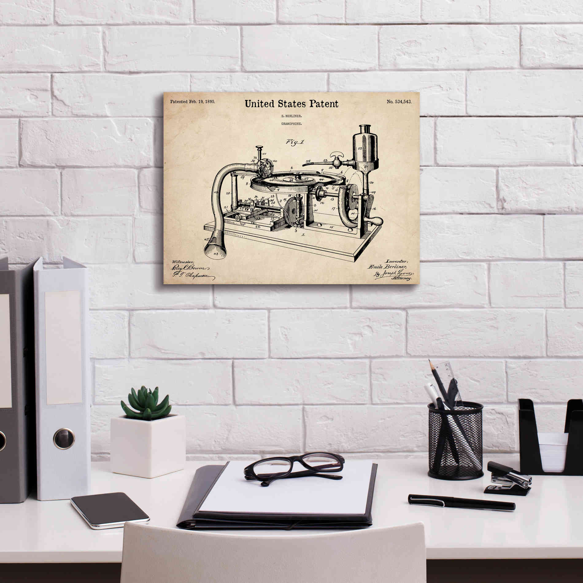 'Gramophone, 1895 Blueprint Patent Parchment,' Canvas Wall Art,16 x 12
