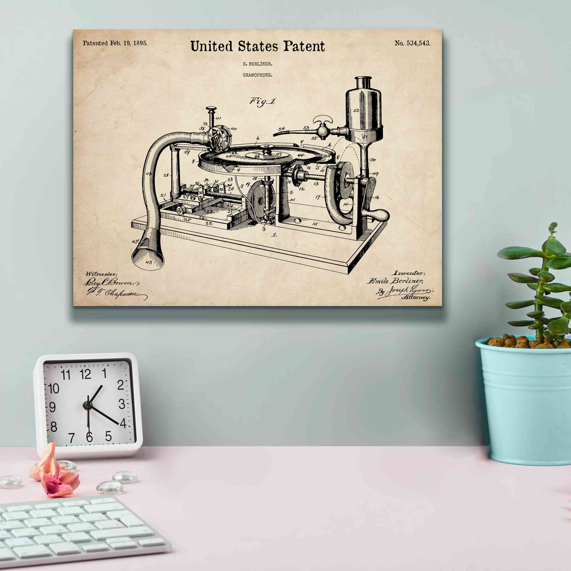 'Gramophone, 1895 Blueprint Patent Parchment,' Canvas Wall Art,16 x 12