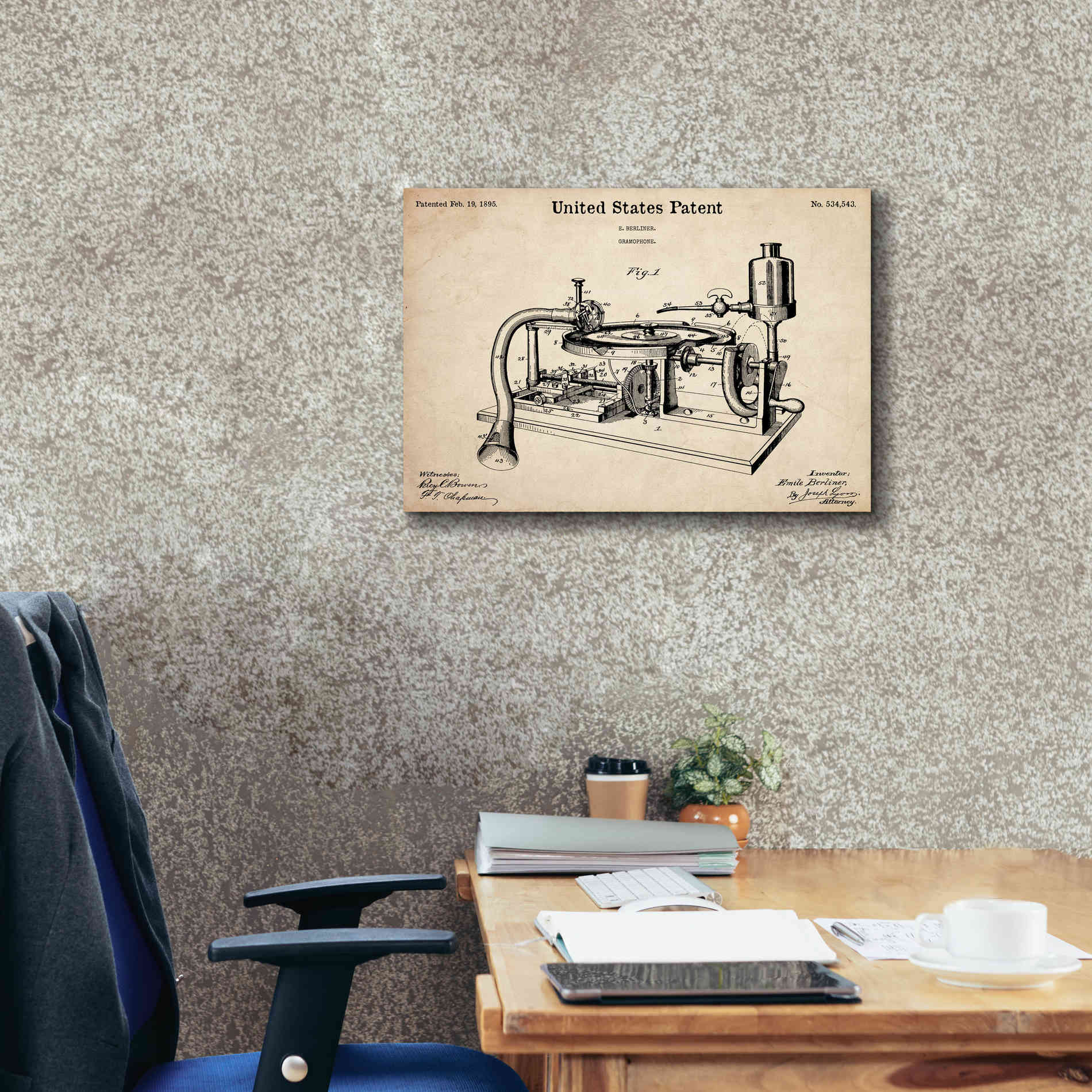'Gramophone, 1895 Blueprint Patent Parchment,' Canvas Wall Art,26 x 18