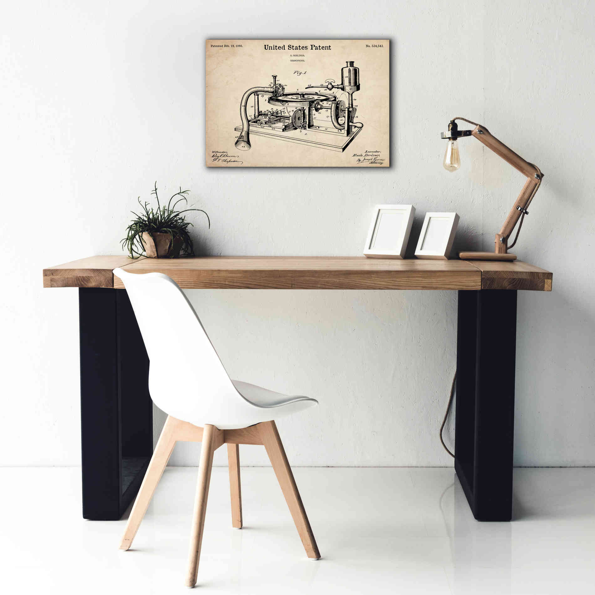 'Gramophone, 1895 Blueprint Patent Parchment,' Canvas Wall Art,26 x 18