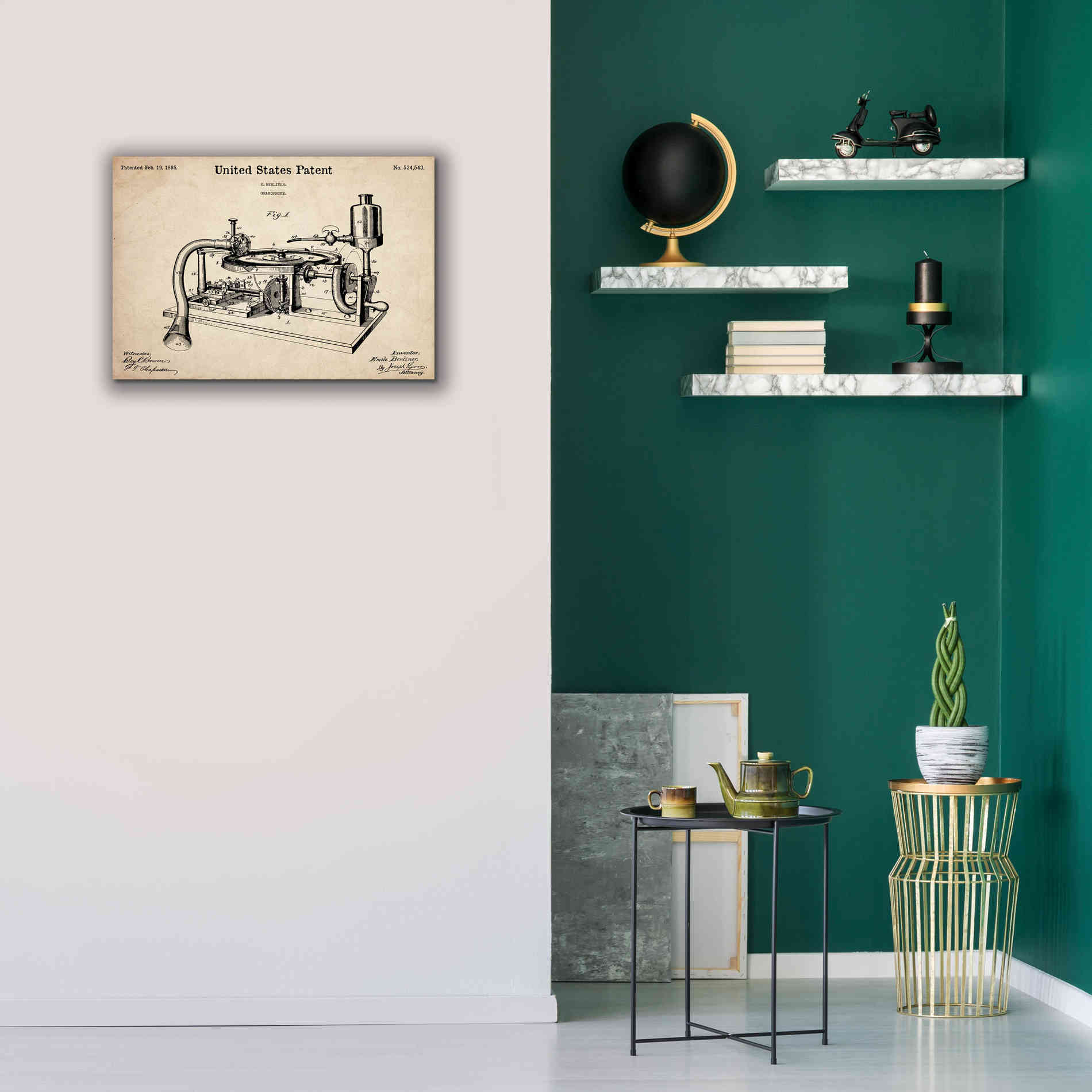 'Gramophone, 1895 Blueprint Patent Parchment,' Canvas Wall Art,26 x 18