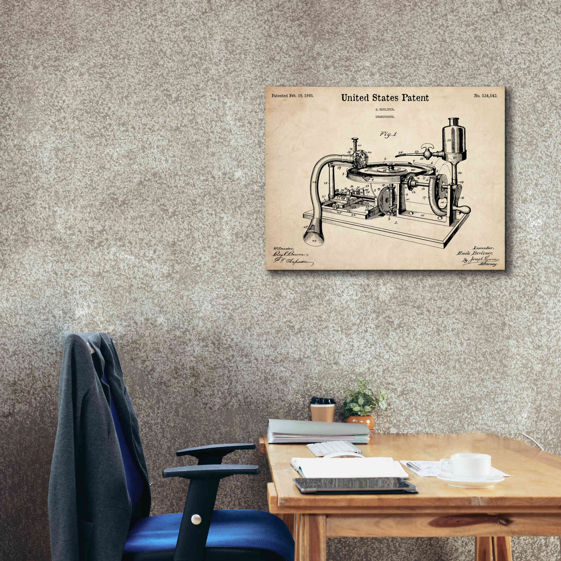 'Gramophone, 1895 Blueprint Patent Parchment,' Canvas Wall Art,34 x 26
