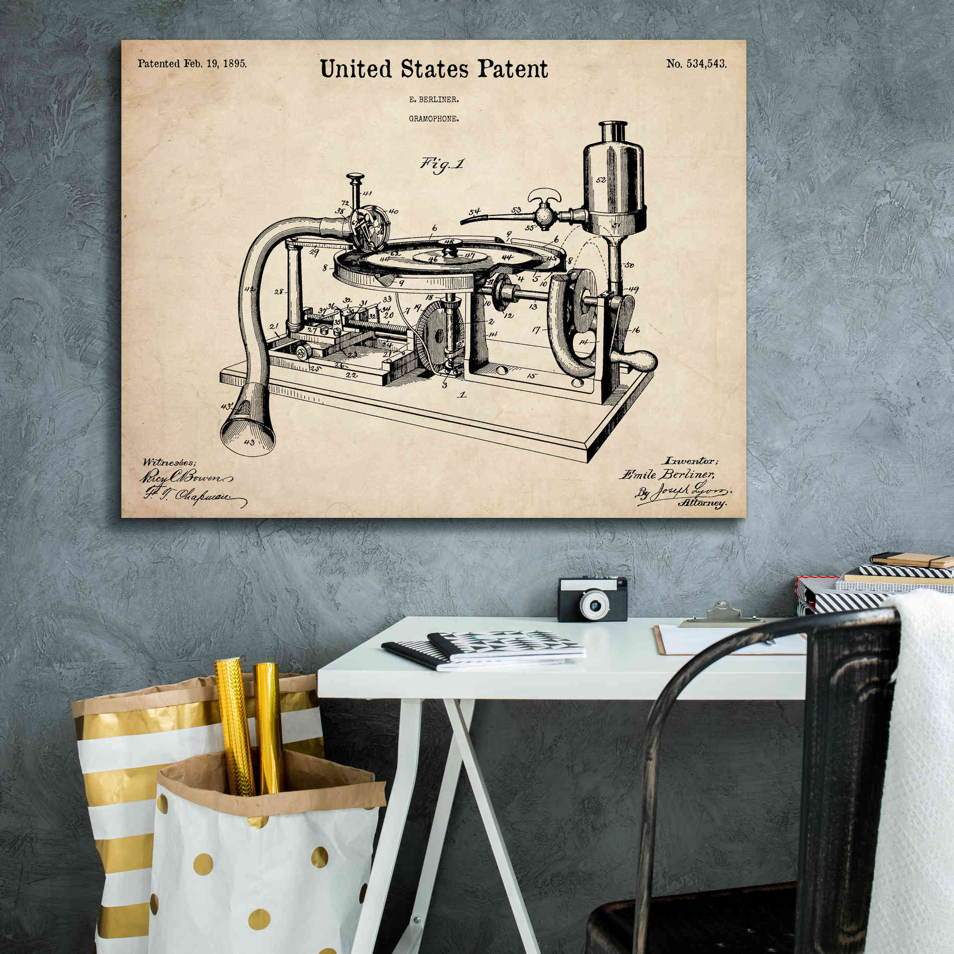 'Gramophone, 1895 Blueprint Patent Parchment,' Canvas Wall Art,34 x 26