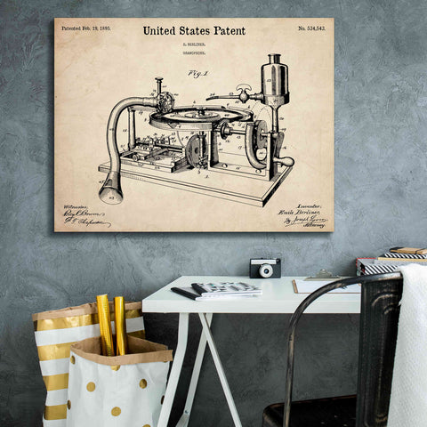 Image of 'Gramophone, 1895 Blueprint Patent Parchment,' Canvas Wall Art,34 x 26