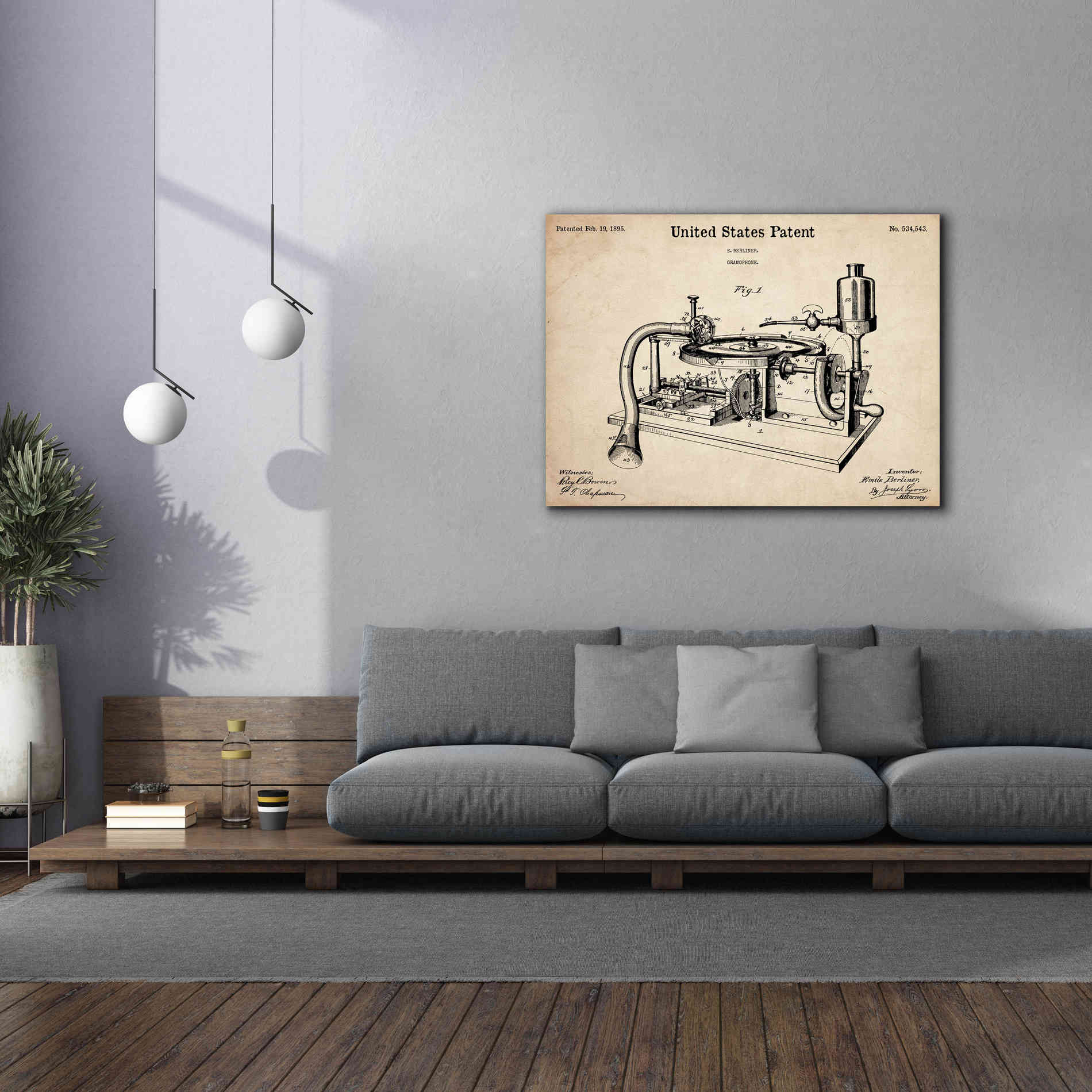 'Gramophone, 1895 Blueprint Patent Parchment,' Canvas Wall Art,54 x 40