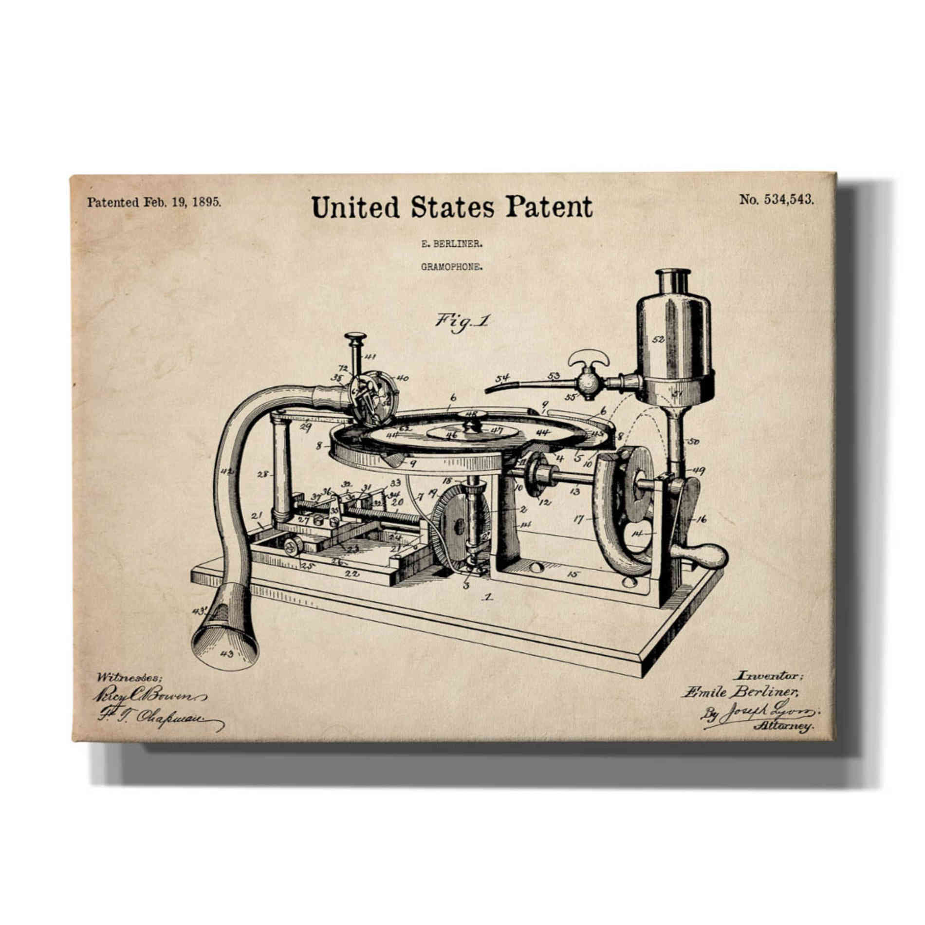 'Gramophone, 1895 Blueprint Patent Parchment,' Canvas Wall Art,16x12x1.1x0,26x18x1.1x0,34x26x1.74x0,54x40x1.74x0