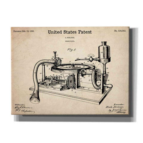 Image of 'Gramophone, 1895 Blueprint Patent Parchment,' Canvas Wall Art,16x12x1.1x0,26x18x1.1x0,34x26x1.74x0,54x40x1.74x0