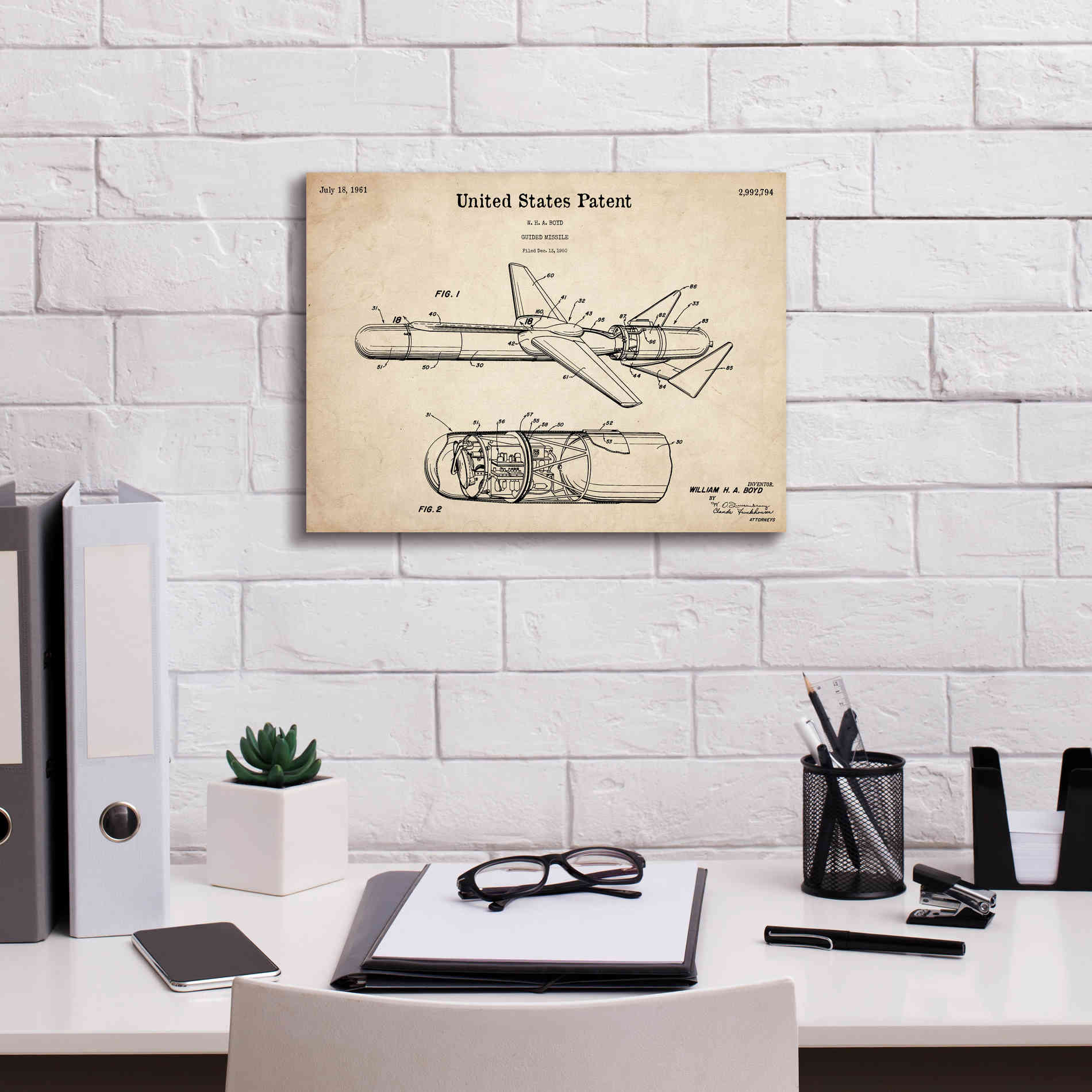 'Cold War Era Guided Missile Blueprint Patent Parchment,' Canvas Wall Art,16 x 12
