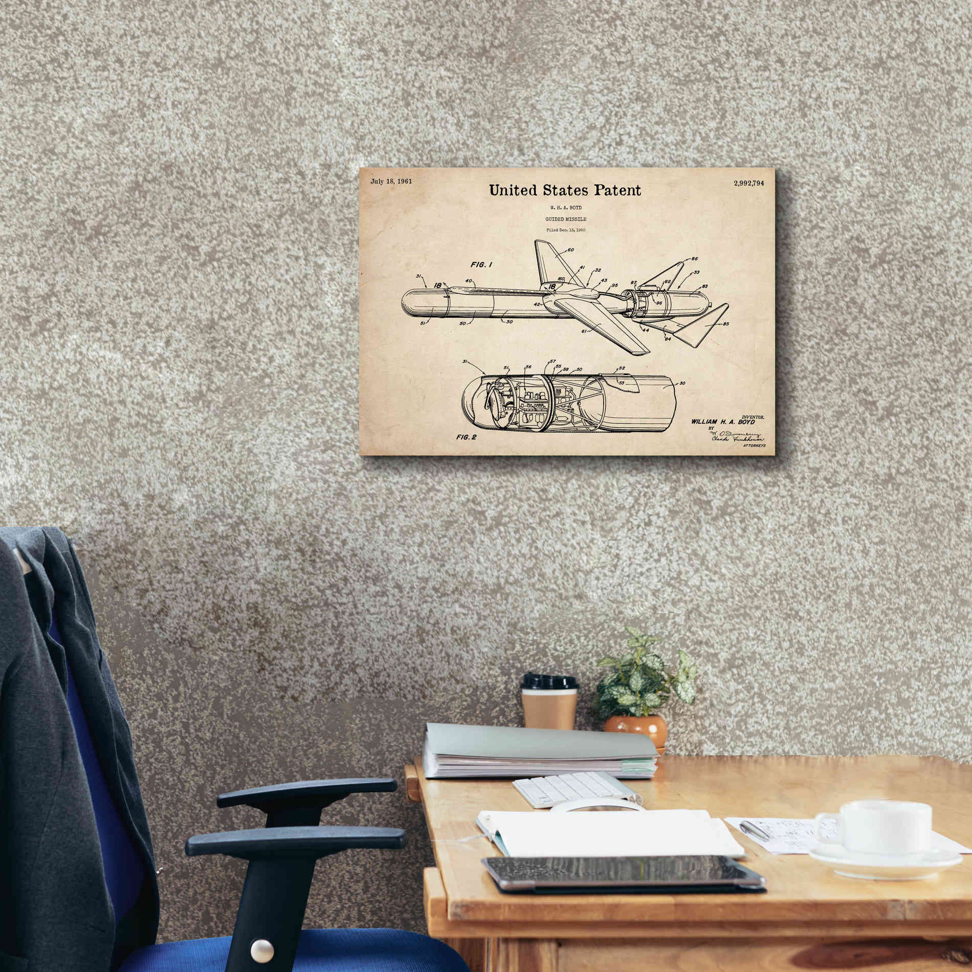'Cold War Era Guided Missile Blueprint Patent Parchment,' Canvas Wall Art,26 x 18