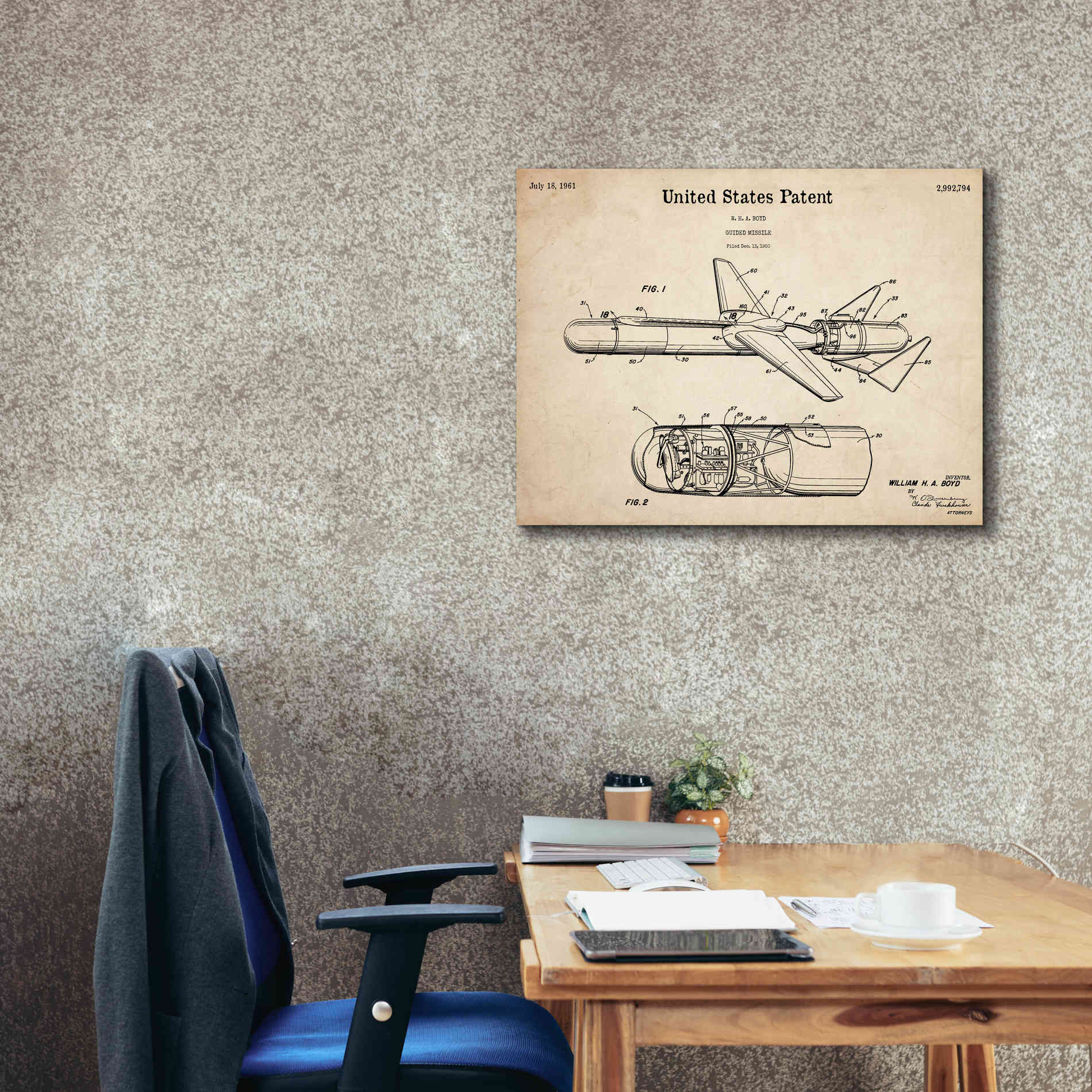 'Cold War Era Guided Missile Blueprint Patent Parchment,' Canvas Wall Art,34 x 26