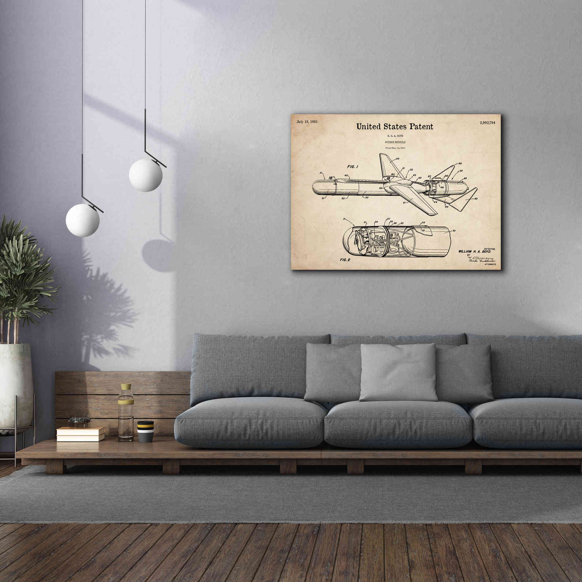 'Cold War Era Guided Missile Blueprint Patent Parchment,' Canvas Wall Art,54 x 40