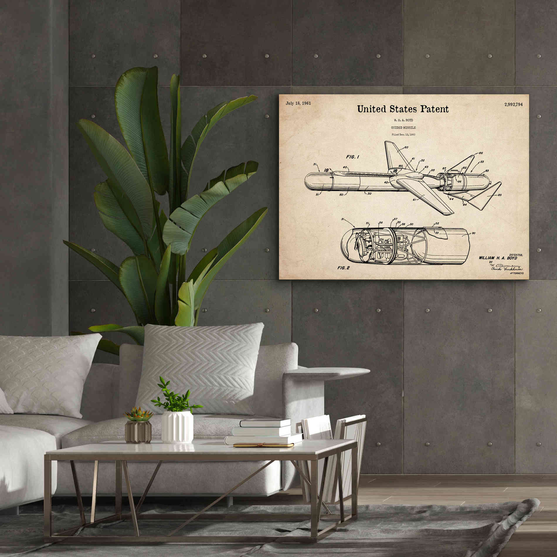 'Cold War Era Guided Missile Blueprint Patent Parchment,' Canvas Wall Art,54 x 40