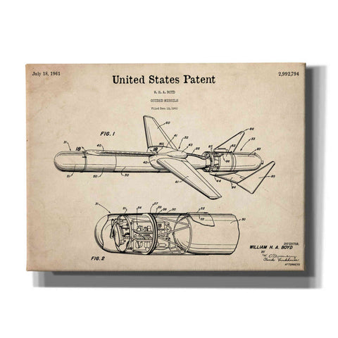 Image of 'Cold War Era Guided Missile Blueprint Patent Parchment,' Canvas Wall Art,16x12x1.1x0,26x18x1.1x0,34x26x1.74x0,54x40x1.74x0