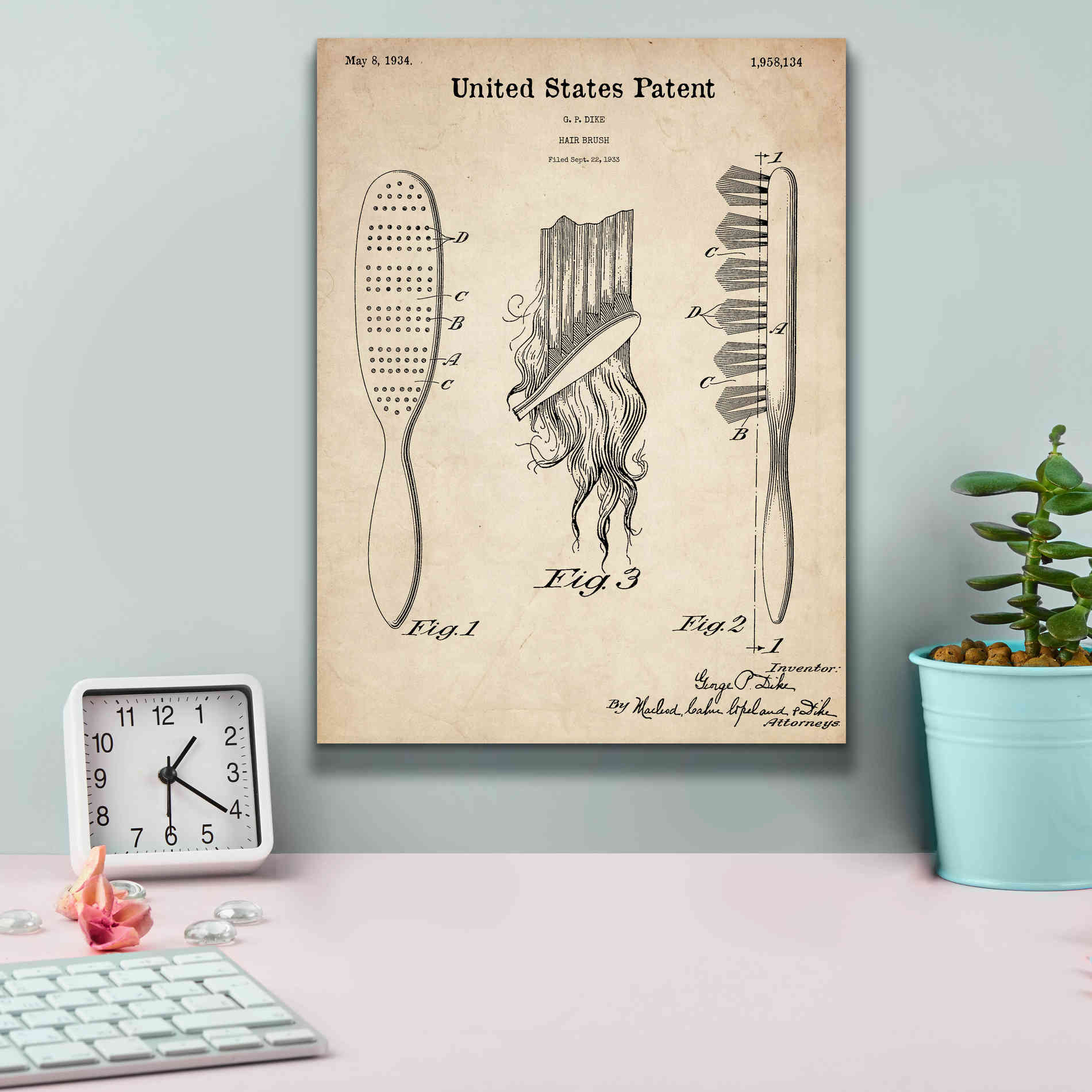 'Hair Brush Blueprint Patent Parchment,' Canvas Wall Art,12 x 16