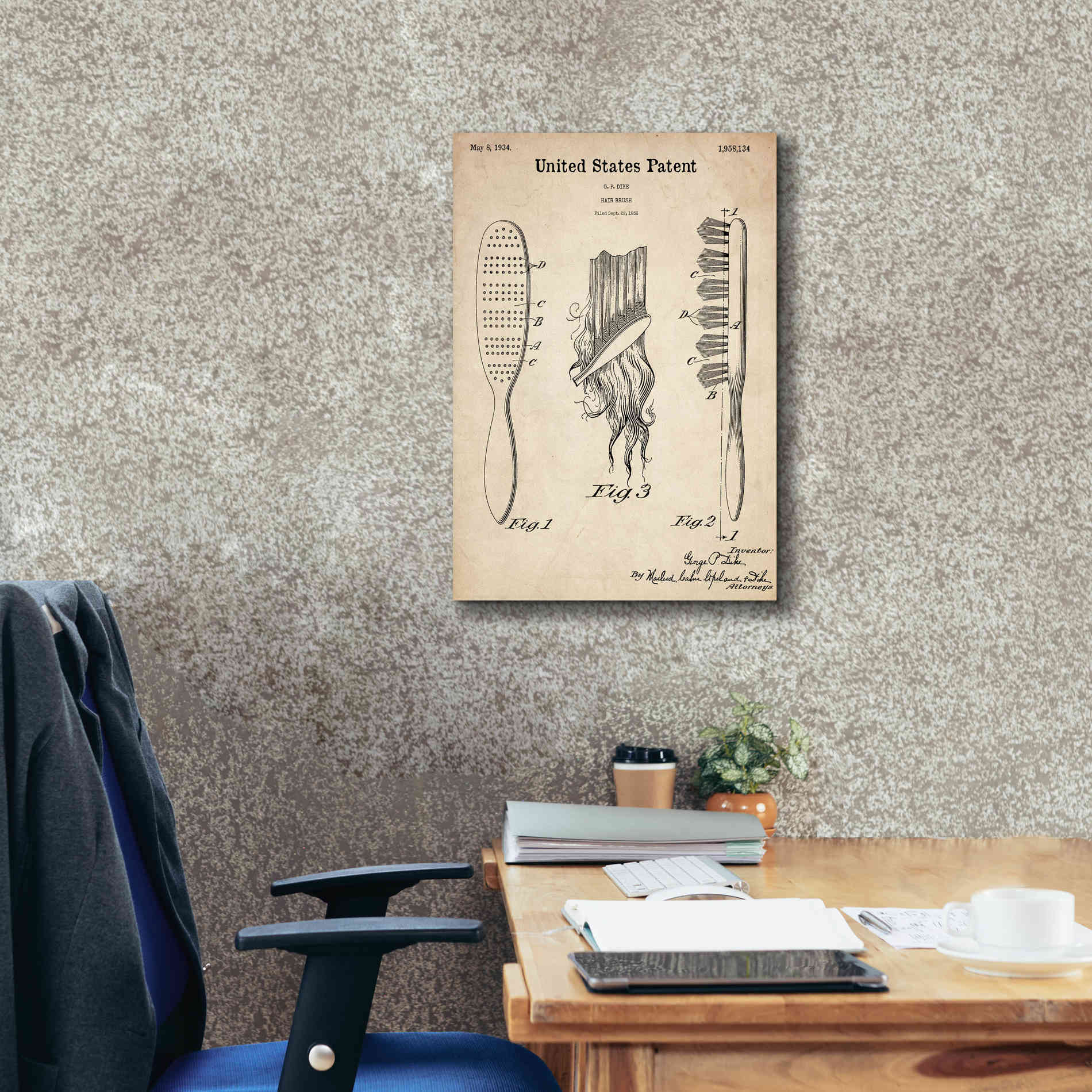 'Hair Brush Blueprint Patent Parchment,' Canvas Wall Art,18 x 26