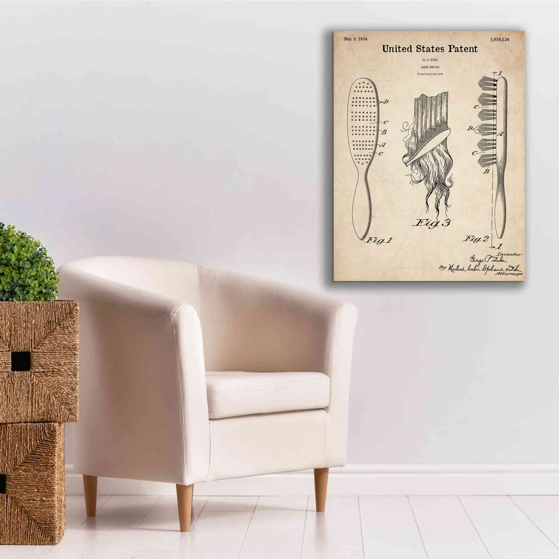 'Hair Brush Blueprint Patent Parchment,' Canvas Wall Art,26 x 34