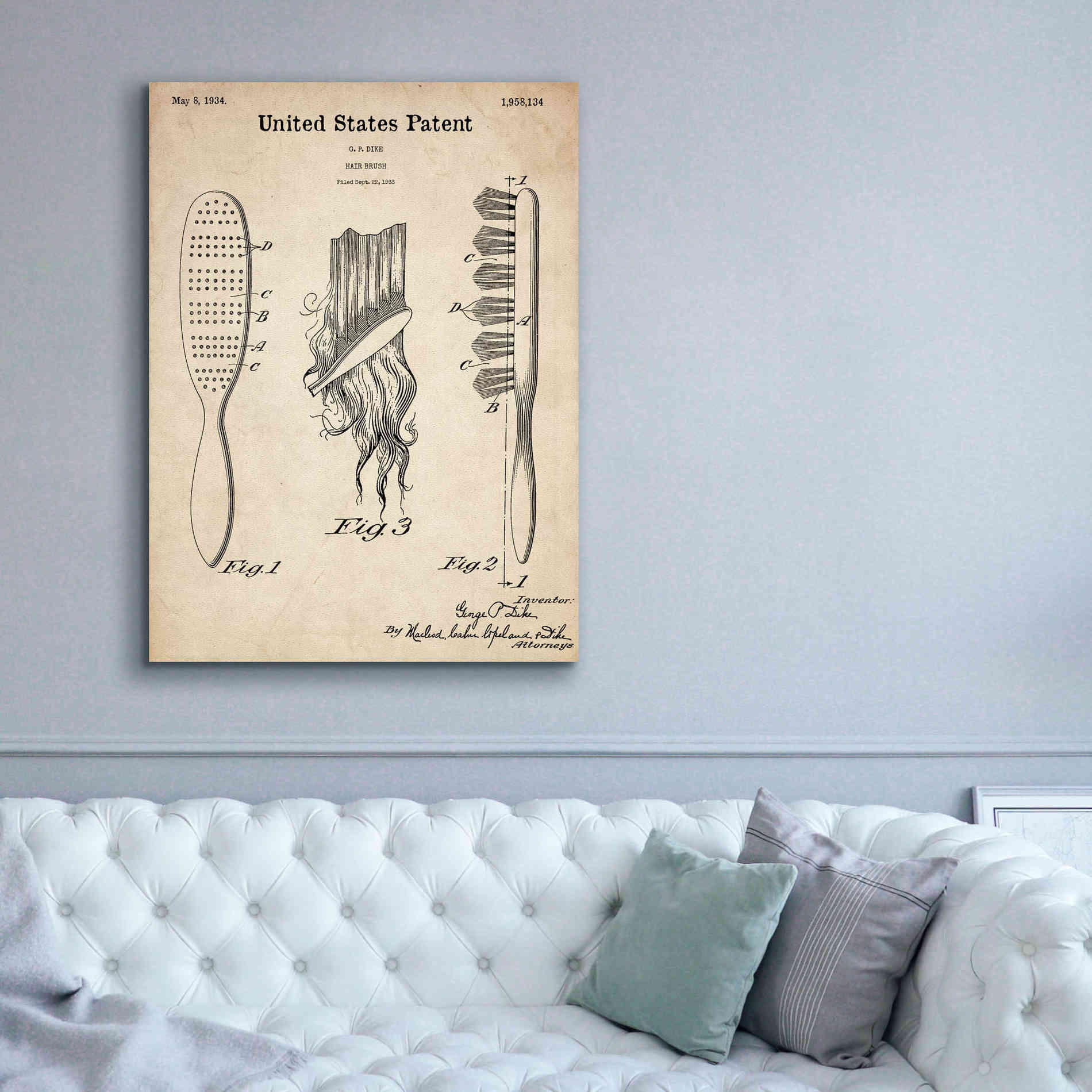 'Hair Brush Blueprint Patent Parchment,' Canvas Wall Art,40 x 54
