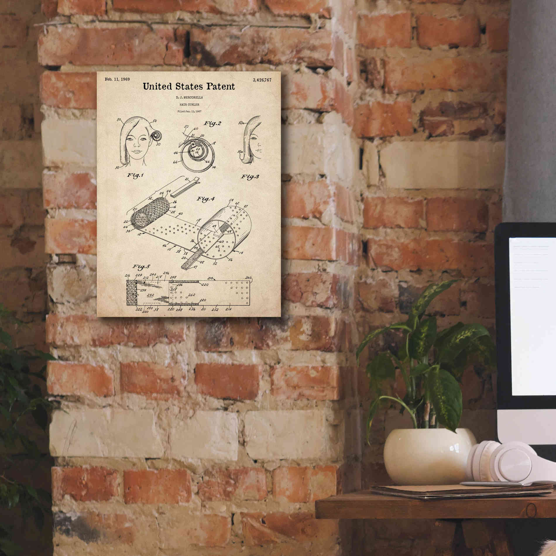 'Hair Curler Blueprint Patent Parchment,' Canvas Wall Art,12 x 16