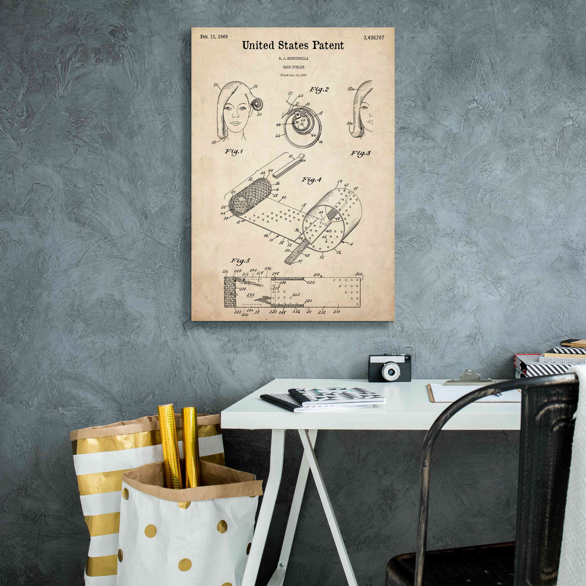 'Hair Curler Blueprint Patent Parchment,' Canvas Wall Art,18 x 26