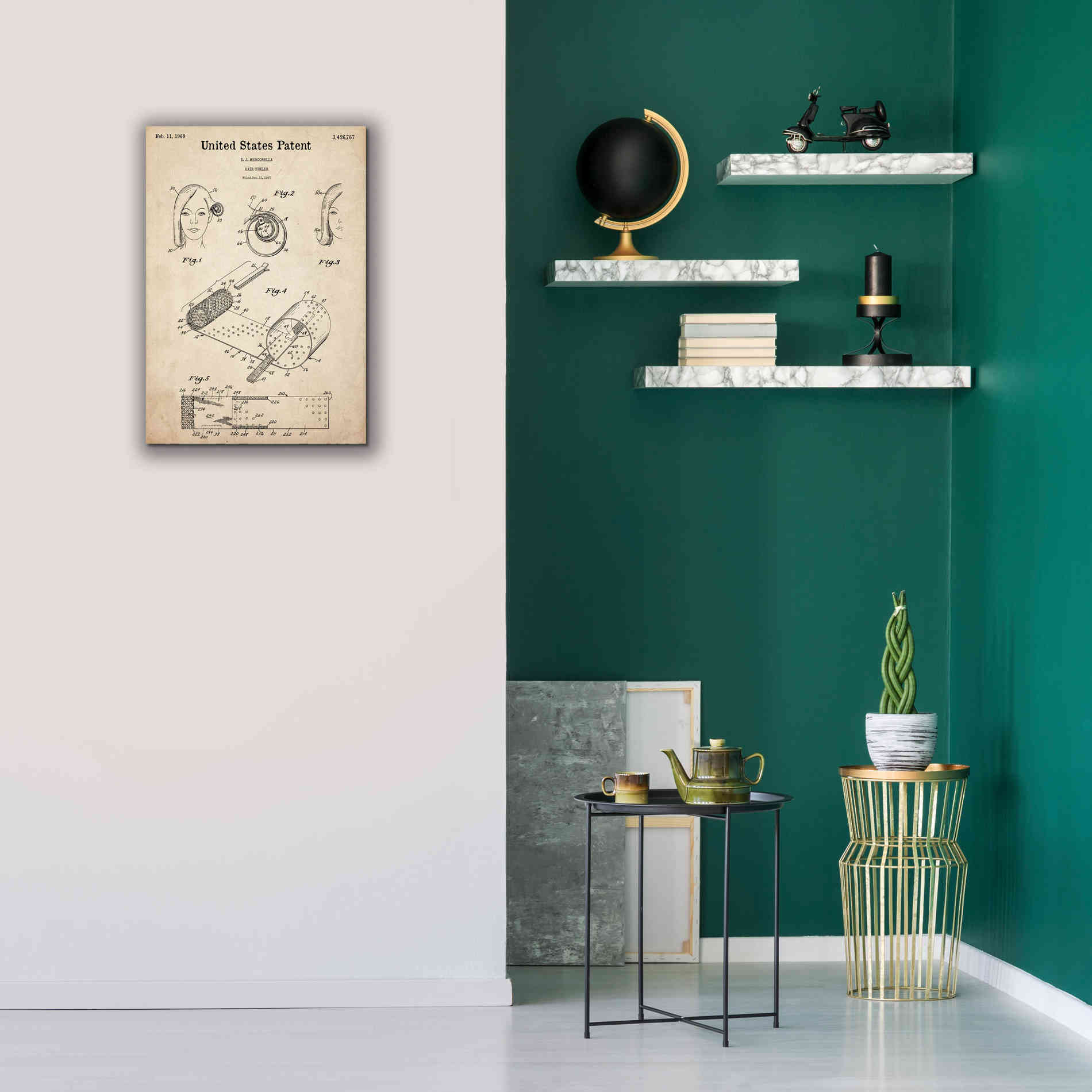 'Hair Curler Blueprint Patent Parchment,' Canvas Wall Art,18 x 26