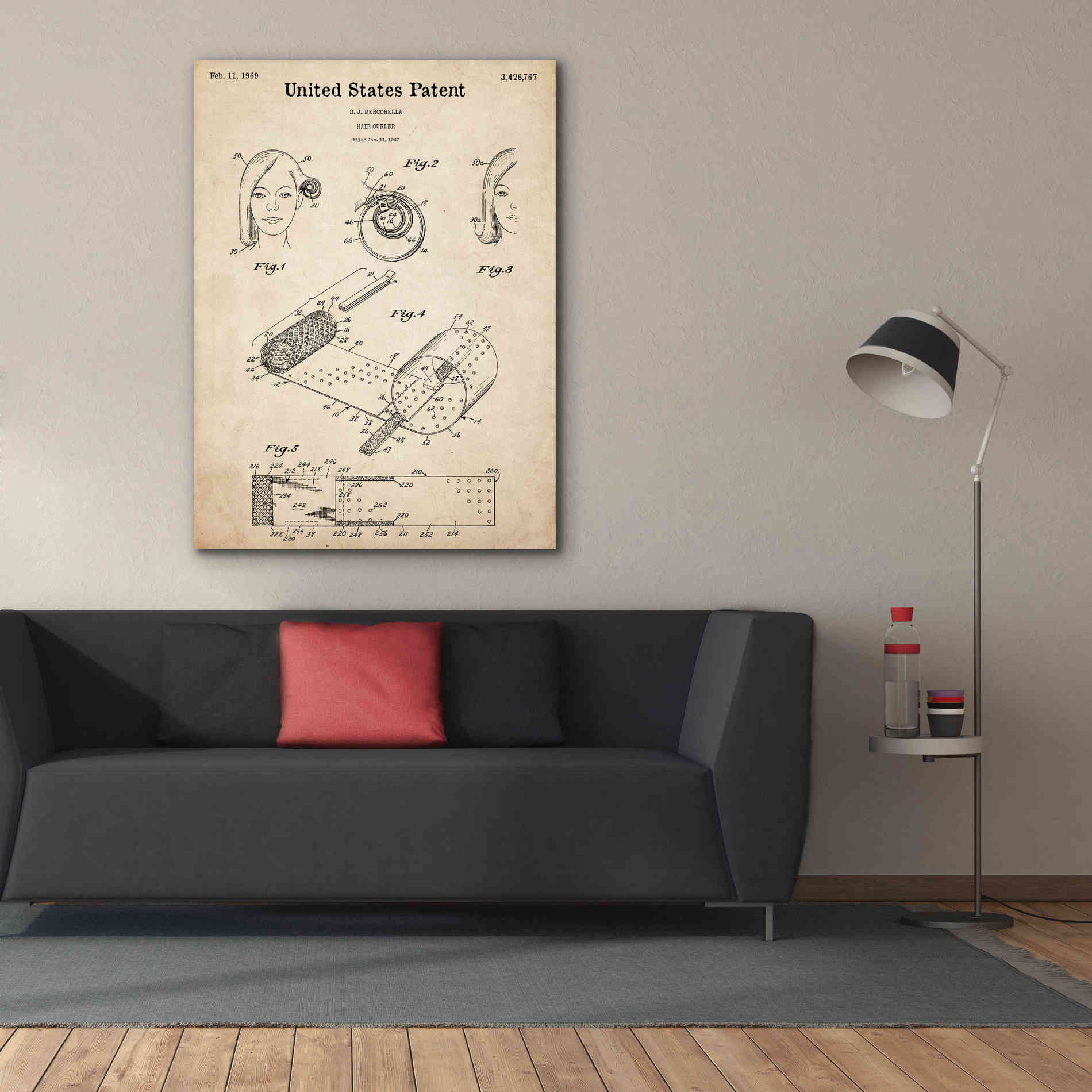 'Hair Curler Blueprint Patent Parchment,' Canvas Wall Art,40 x 54