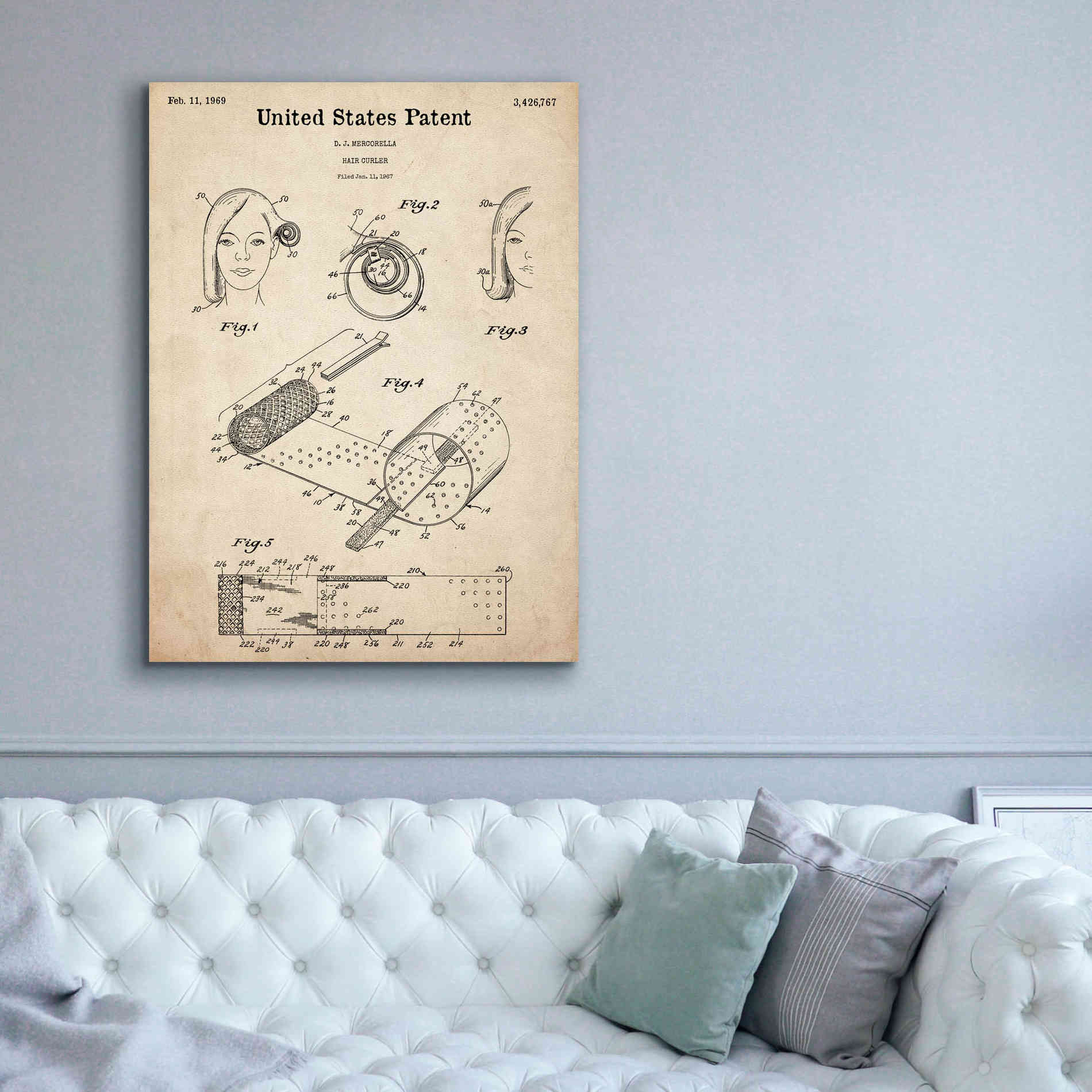 'Hair Curler Blueprint Patent Parchment,' Canvas Wall Art,40 x 54