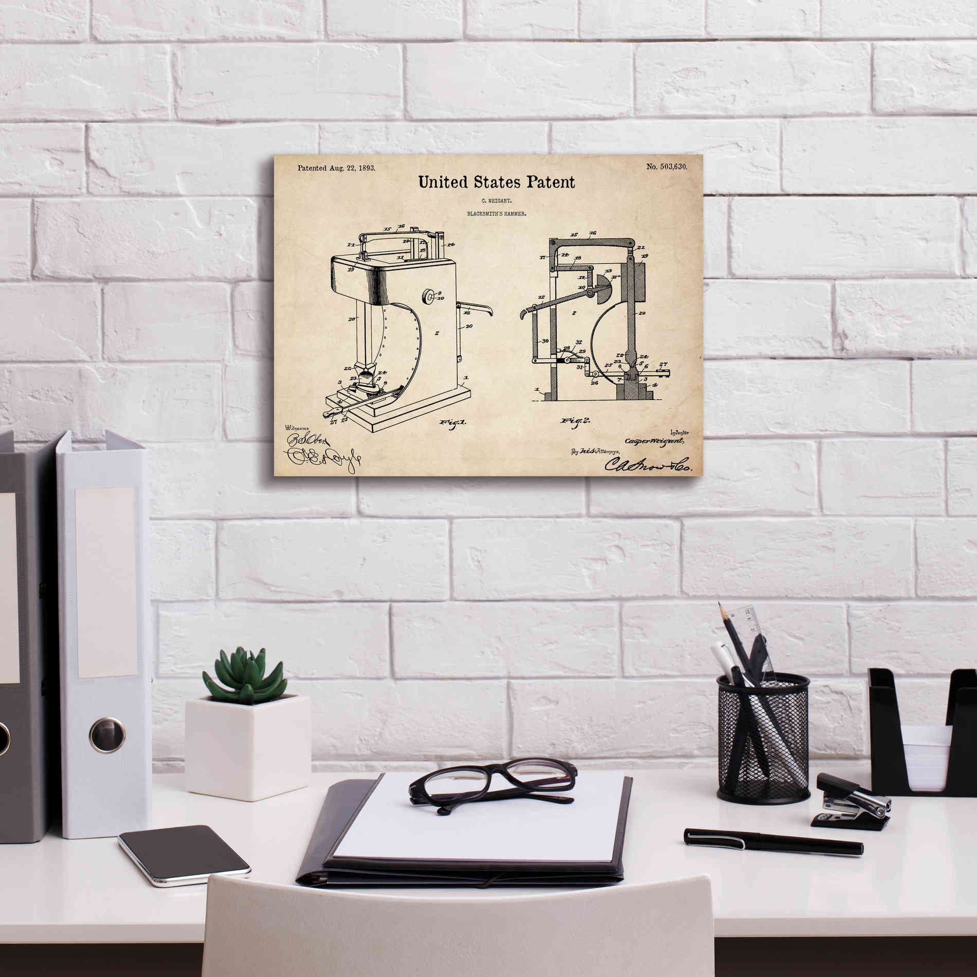 'Blacksmith's Hammer Blueprint Patent Parchment,' Canvas Wall Art,16 x 12